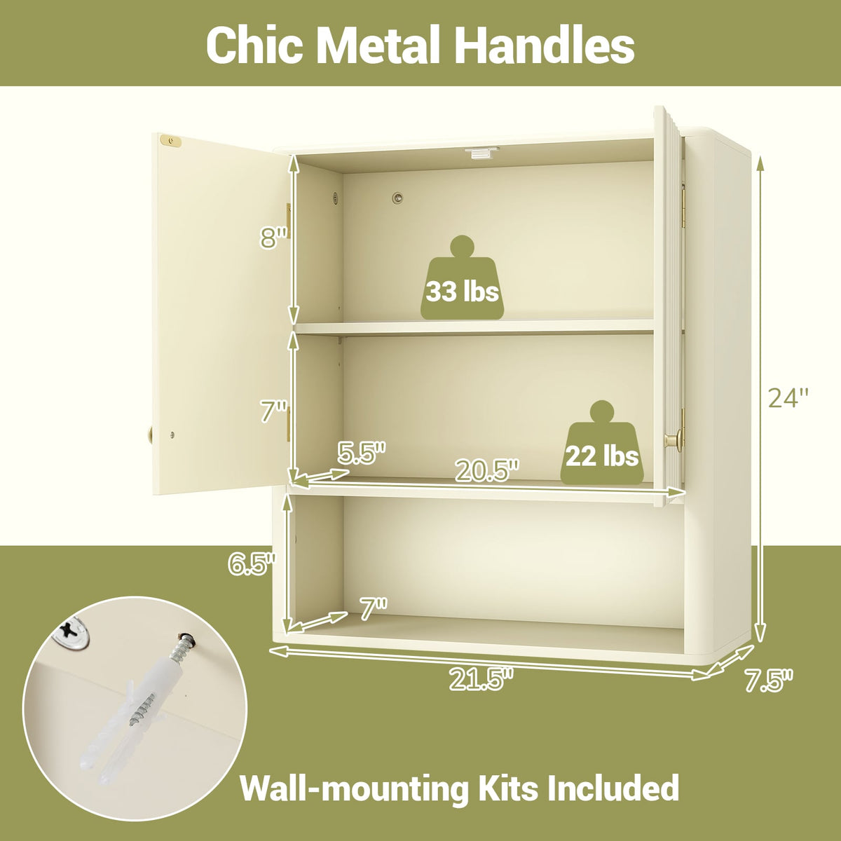 Fluted Bathroom Wall Cabinet with Open Shelf - Beige 24"-Wall Cabinets-DECOROLALA
