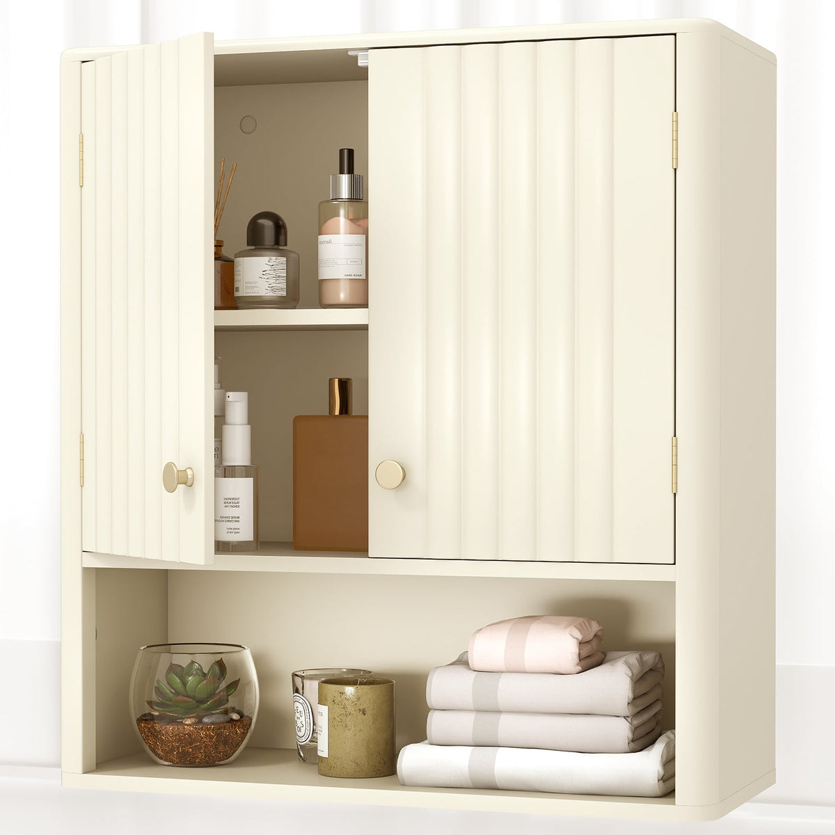Fluted Bathroom Wall Cabinet with Open Shelf - Beige 24"-Wall Cabinets-DECOROLALA