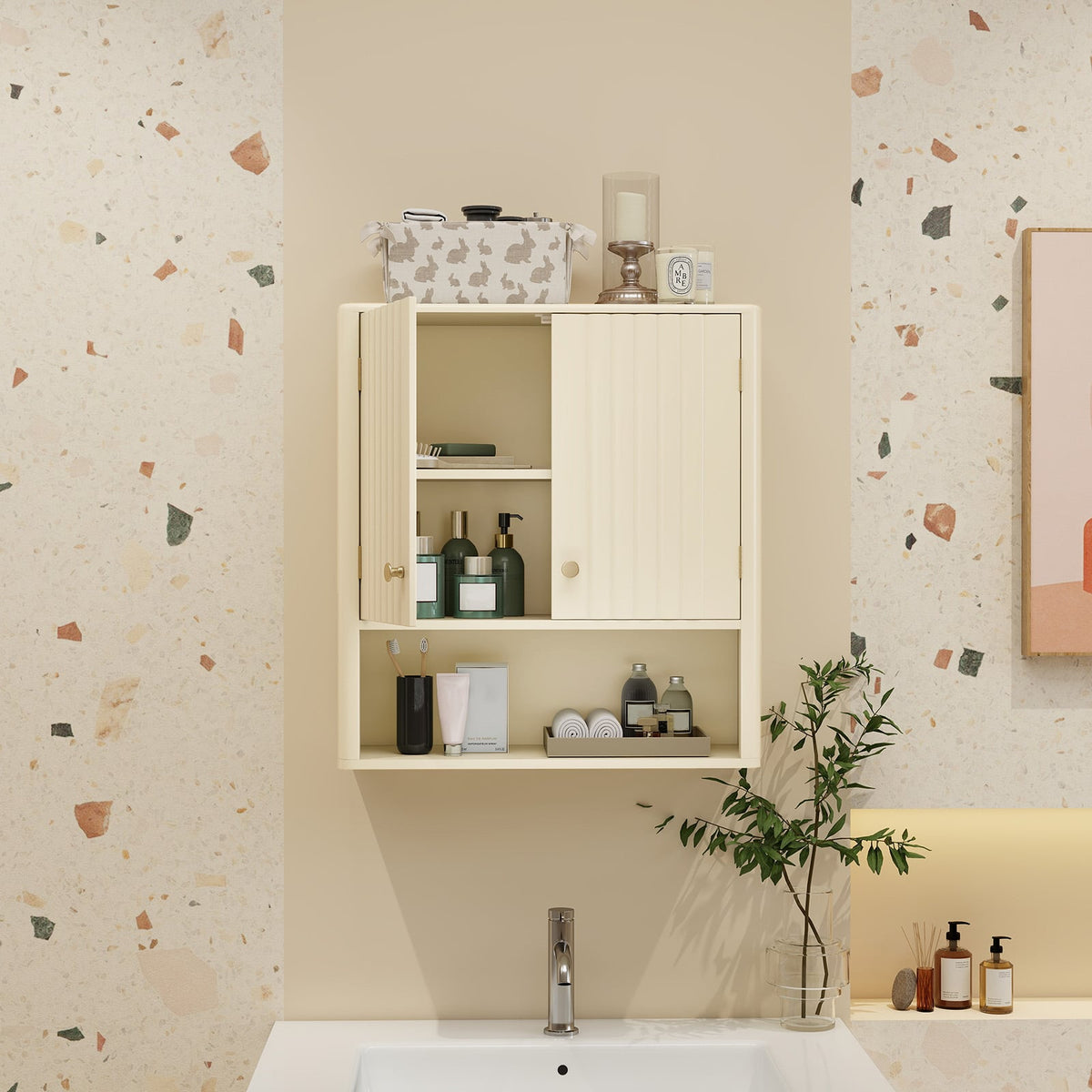 Fluted Bathroom Wall Cabinet with Open Shelf - Beige 24"-Wall Cabinets-DECOROLALA