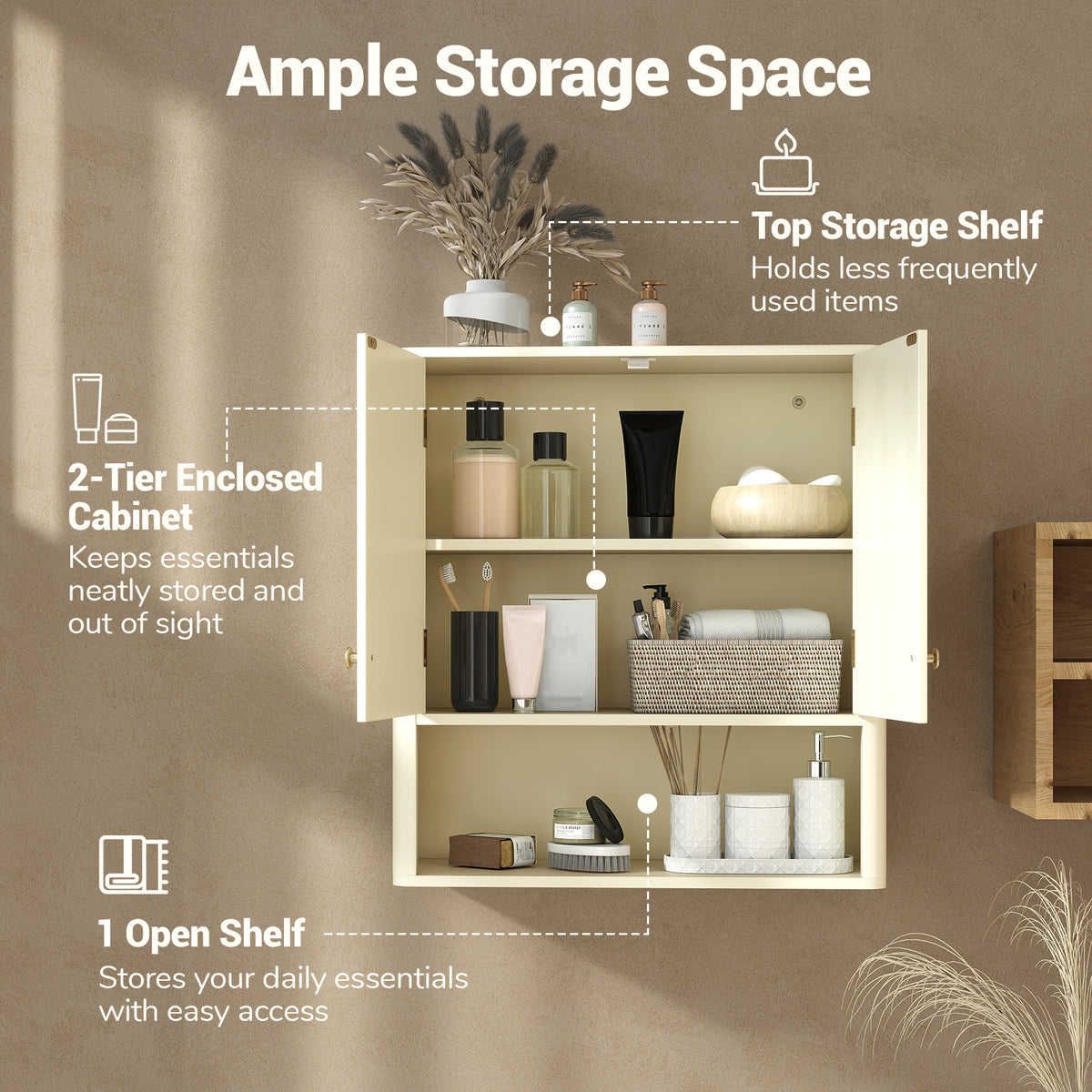 Fluted Bathroom Wall Cabinet with Open Shelf - Beige 24"-Wall Cabinets-DECOROLALA