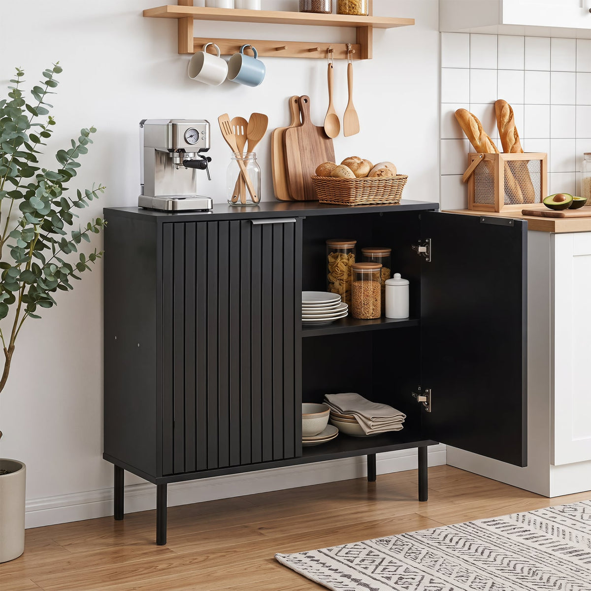 Fluted Buffet Cabinet with 2-Door Sideboard for Kitchen and Dining Room-Black-Sideboards & Buffets-DECOROLALA