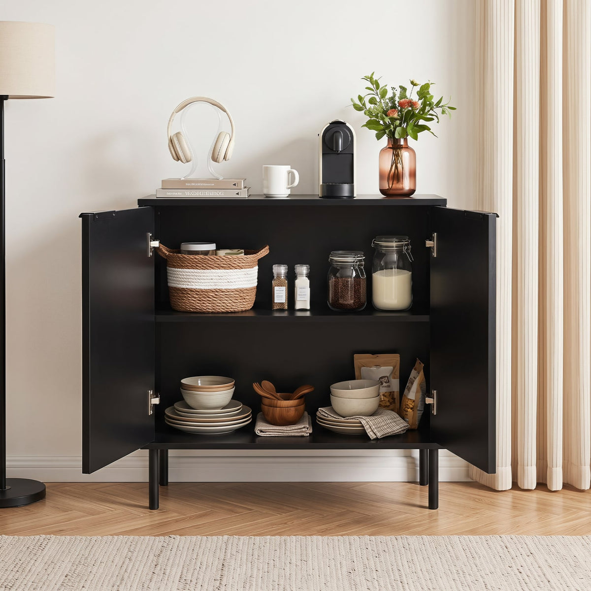 Fluted Buffet Cabinet with 2-Door Sideboard for Kitchen and Dining Room-Black-Sideboards & Buffets-DECOROLALA