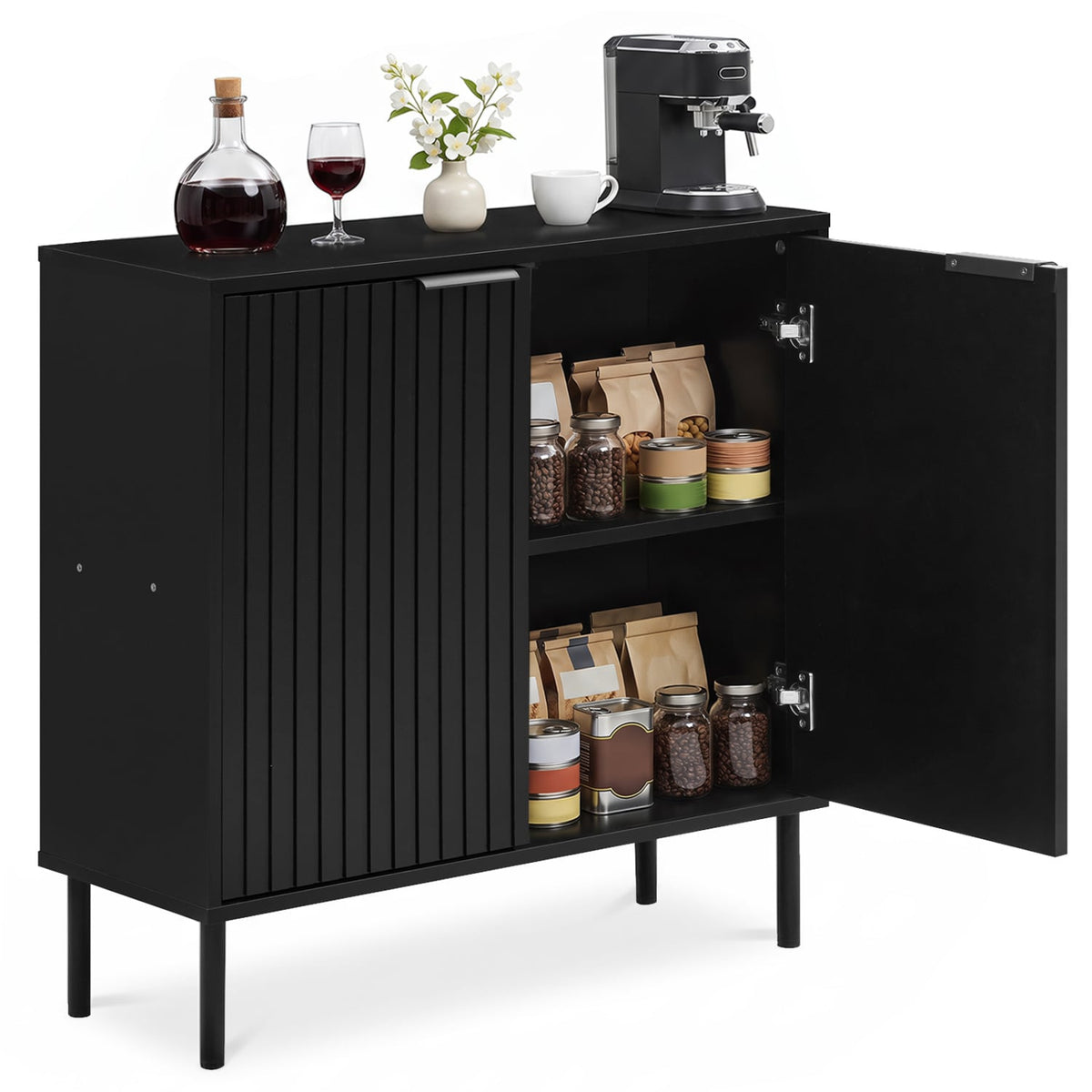 Fluted Buffet Cabinet with 2-Door Sideboard for Kitchen and Dining Room-Black-Sideboards & Buffets-DECOROLALA