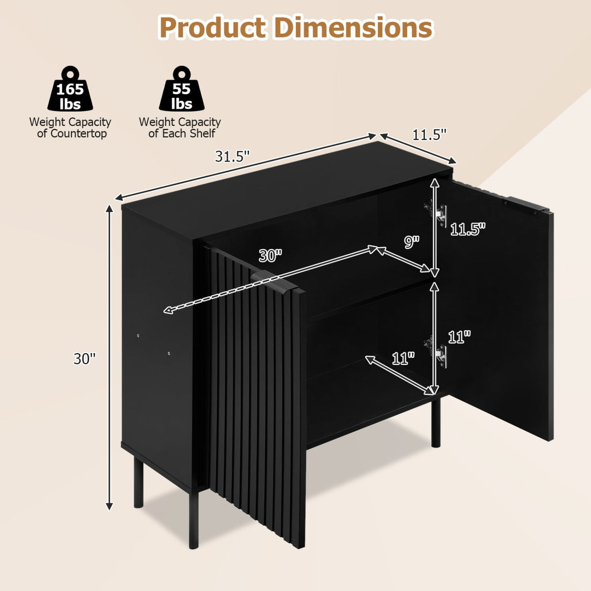 Fluted Buffet Cabinet with 2-Door Sideboard for Kitchen and Dining Room-Black-Sideboards & Buffets-DECOROLALA