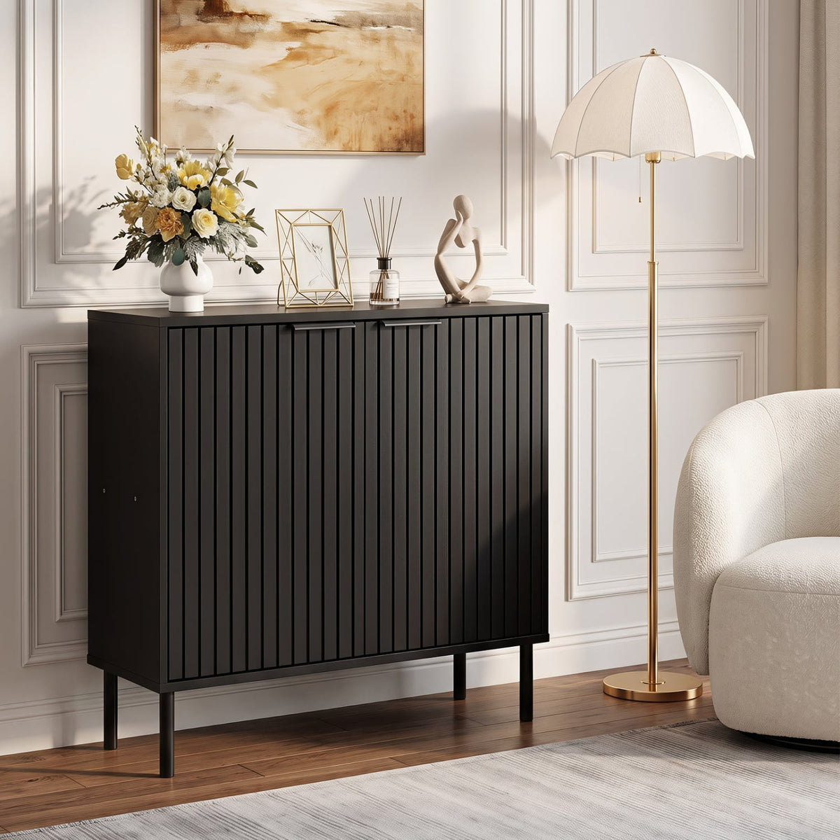 Fluted Buffet Cabinet with 2-Door Sideboard for Kitchen and Dining Room-Black-Sideboards & Buffets-DECOROLALA