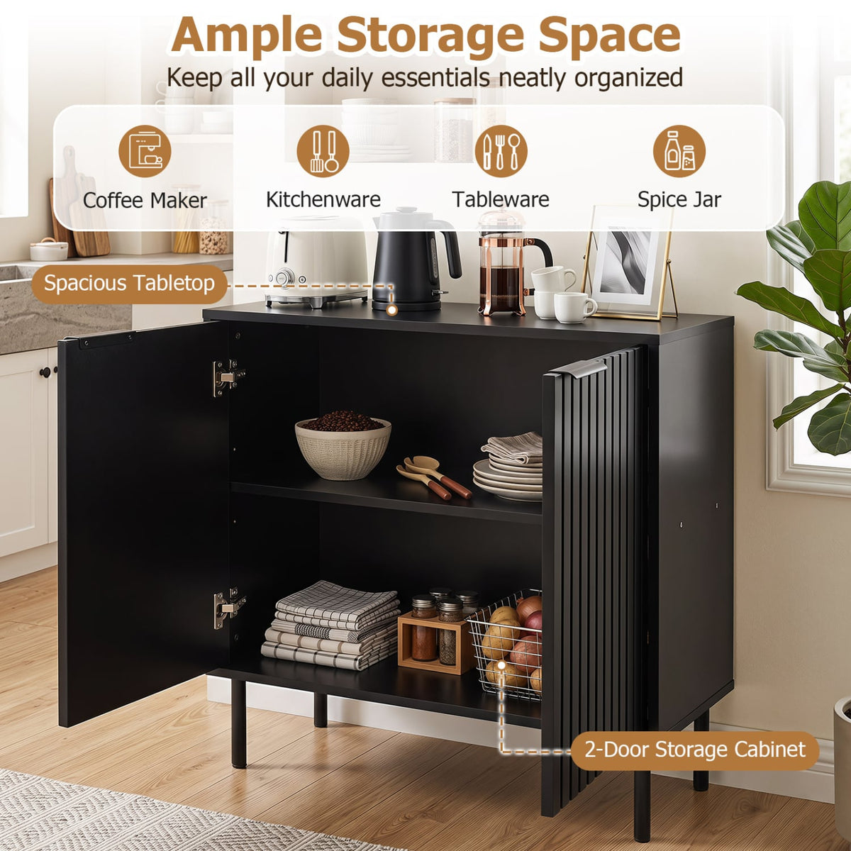 Fluted Buffet Cabinet with 2-Door Sideboard for Kitchen and Dining Room-Black-Sideboards & Buffets-DECOROLALA