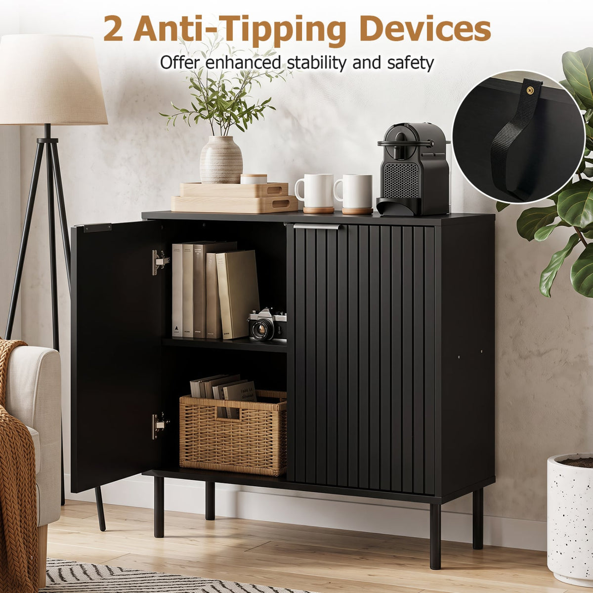 Fluted Buffet Cabinet with 2-Door Sideboard for Kitchen and Dining Room-Black-Sideboards & Buffets-DECOROLALA