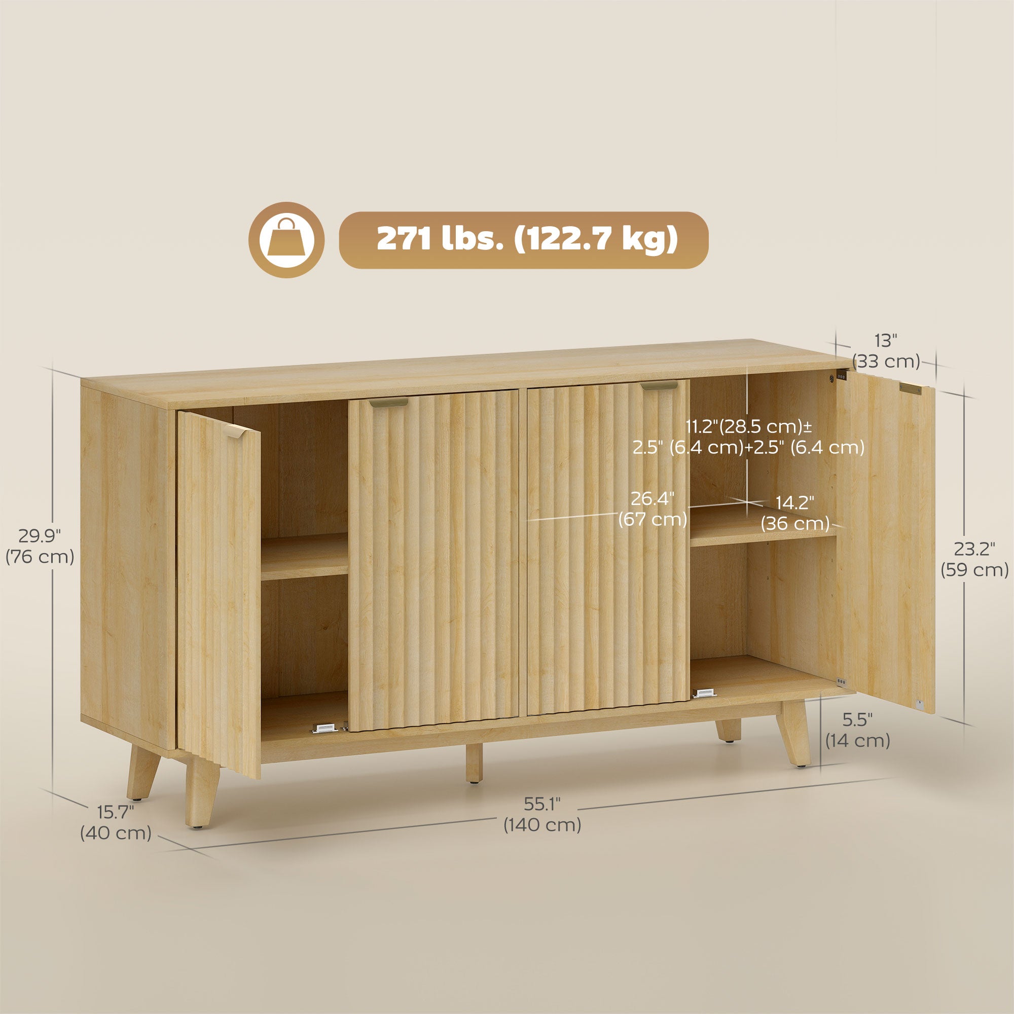 Fluted Sideboard Buffet Cabinet, 55" Nature Wood with 4 Doors, Shelves-DECOROLALA