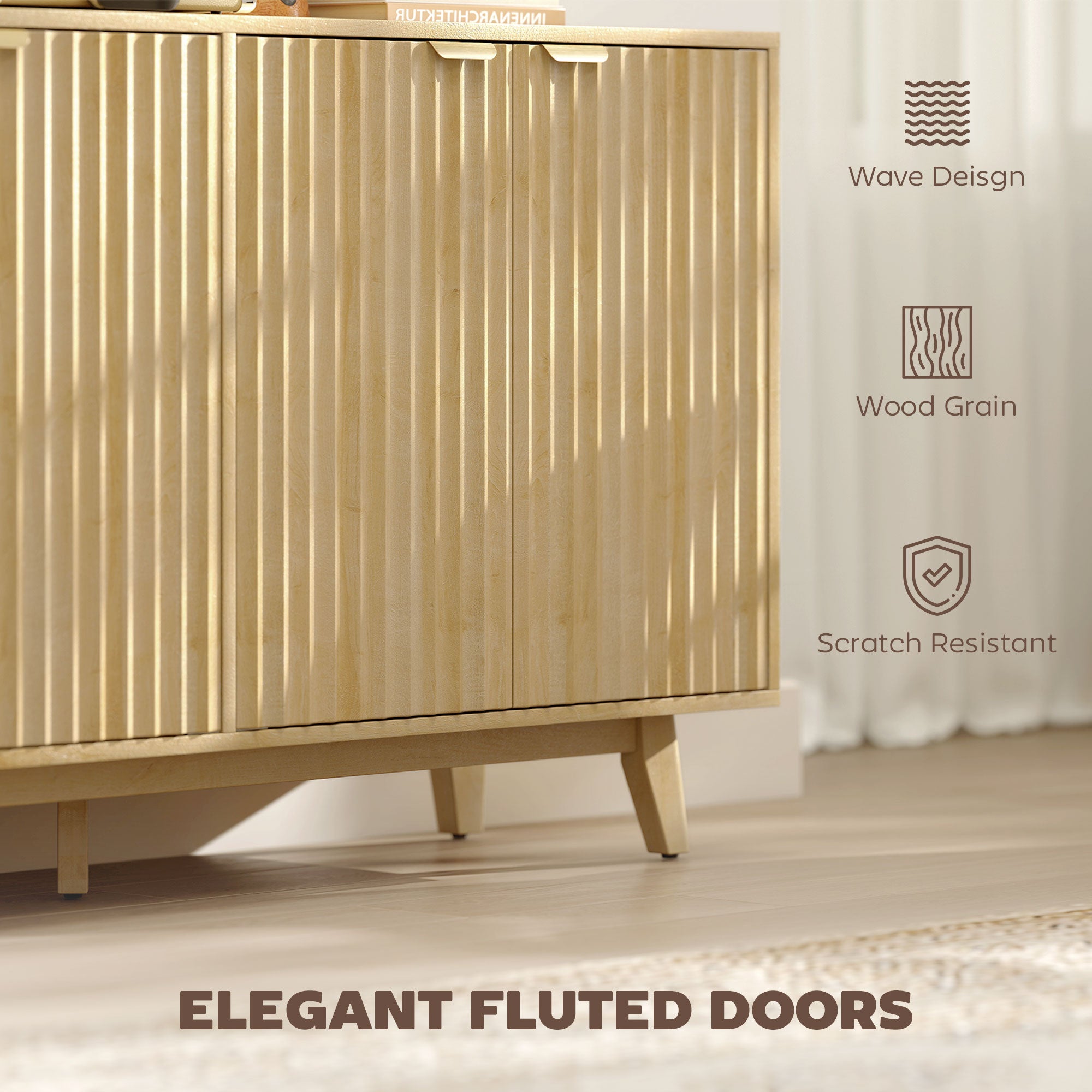 Fluted Sideboard Buffet Cabinet, 55" Nature Wood with 4 Doors, Shelves-DECOROLALA