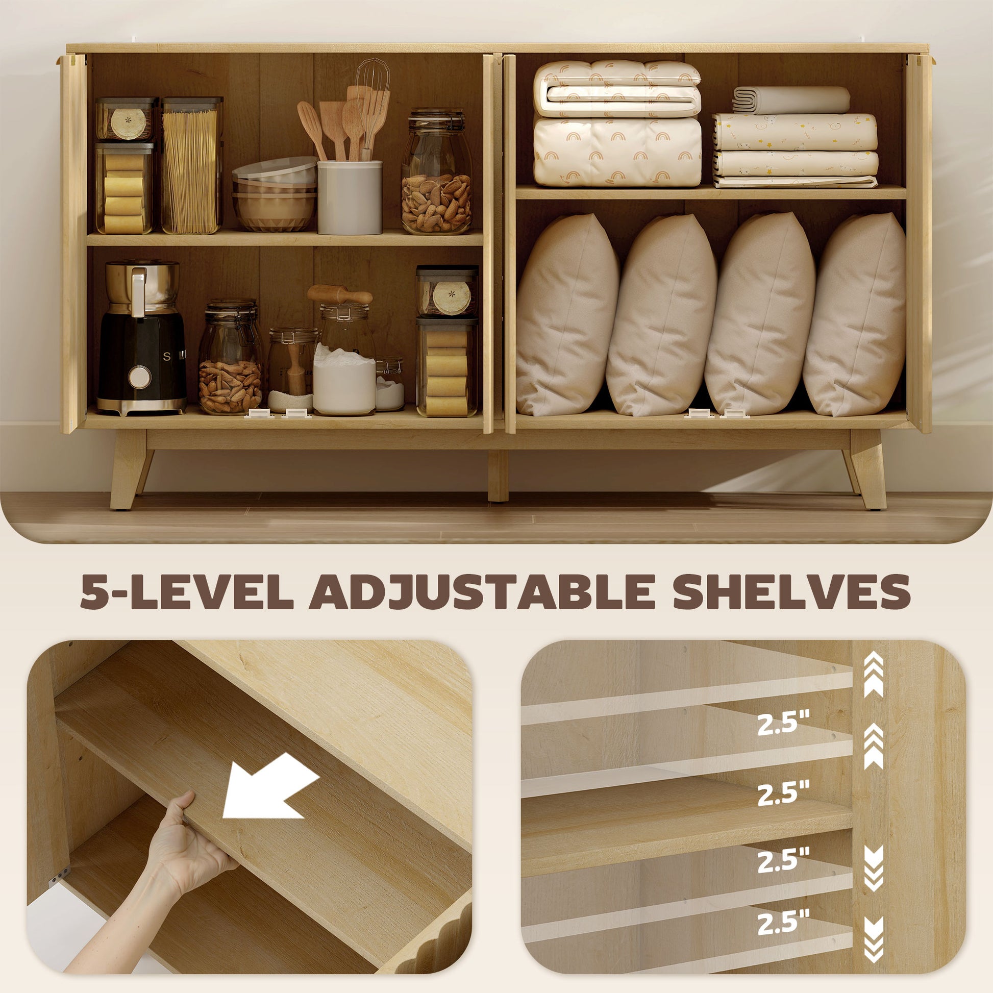 Fluted Sideboard Buffet Cabinet, 55" Nature Wood with 4 Doors, Shelves-DECOROLALA