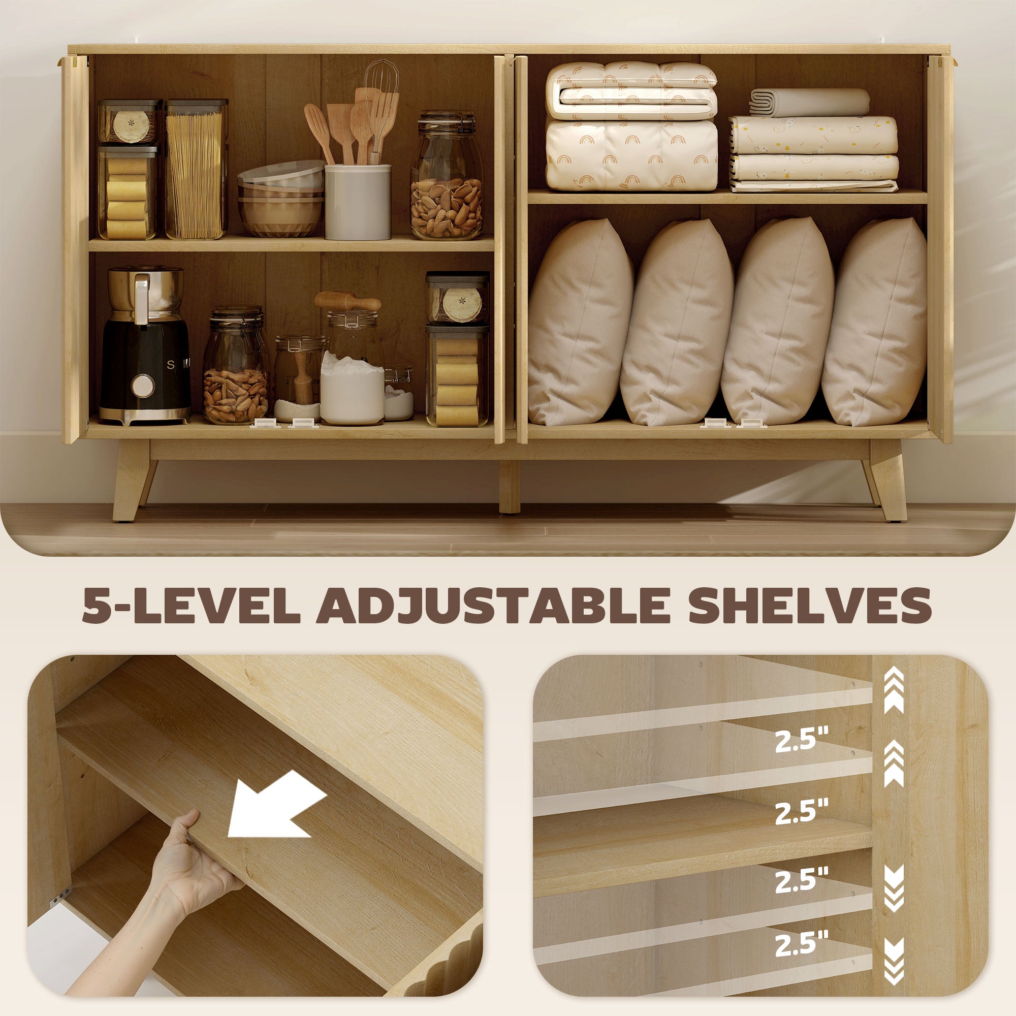 Fluted Sideboard Buffet Cabinet, 55" Nature Wood with 4 Doors, Shelves-DECOROLALA