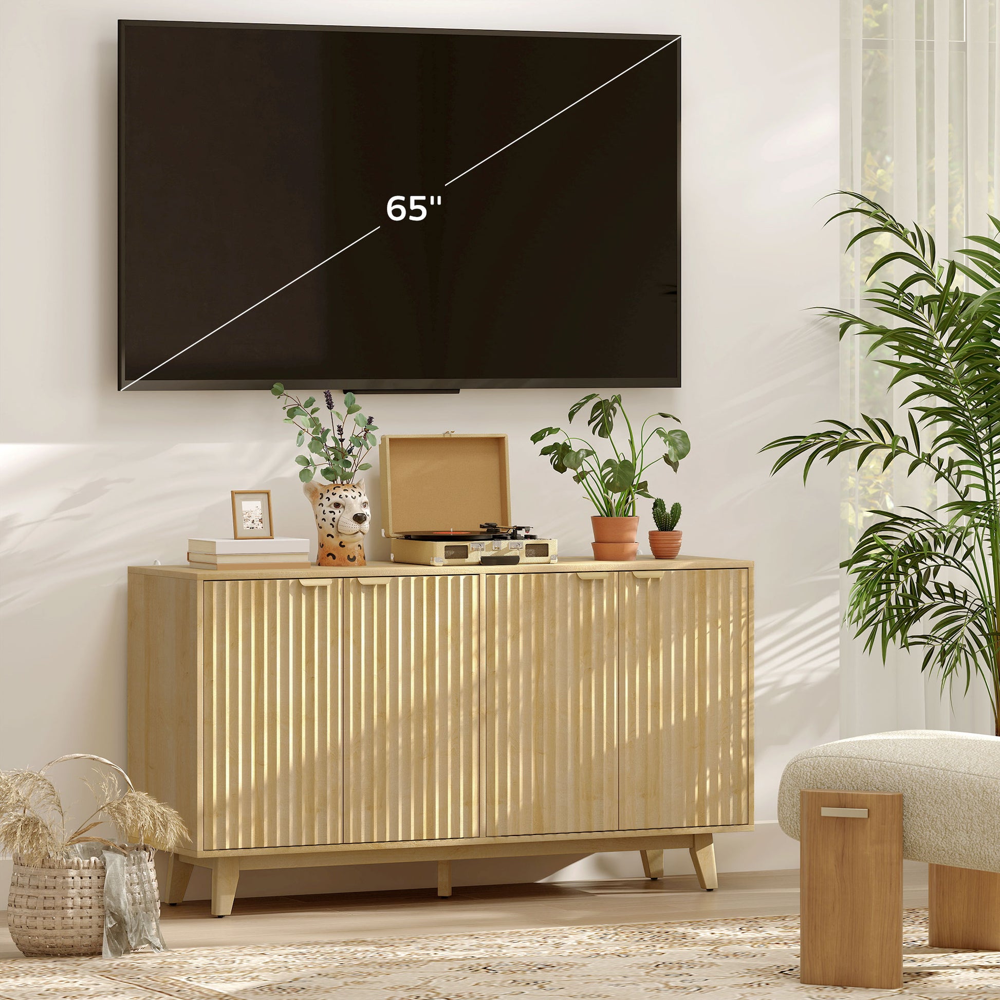 Fluted Sideboard Buffet Cabinet, 55" Nature Wood with 4 Doors, Shelves-DECOROLALA