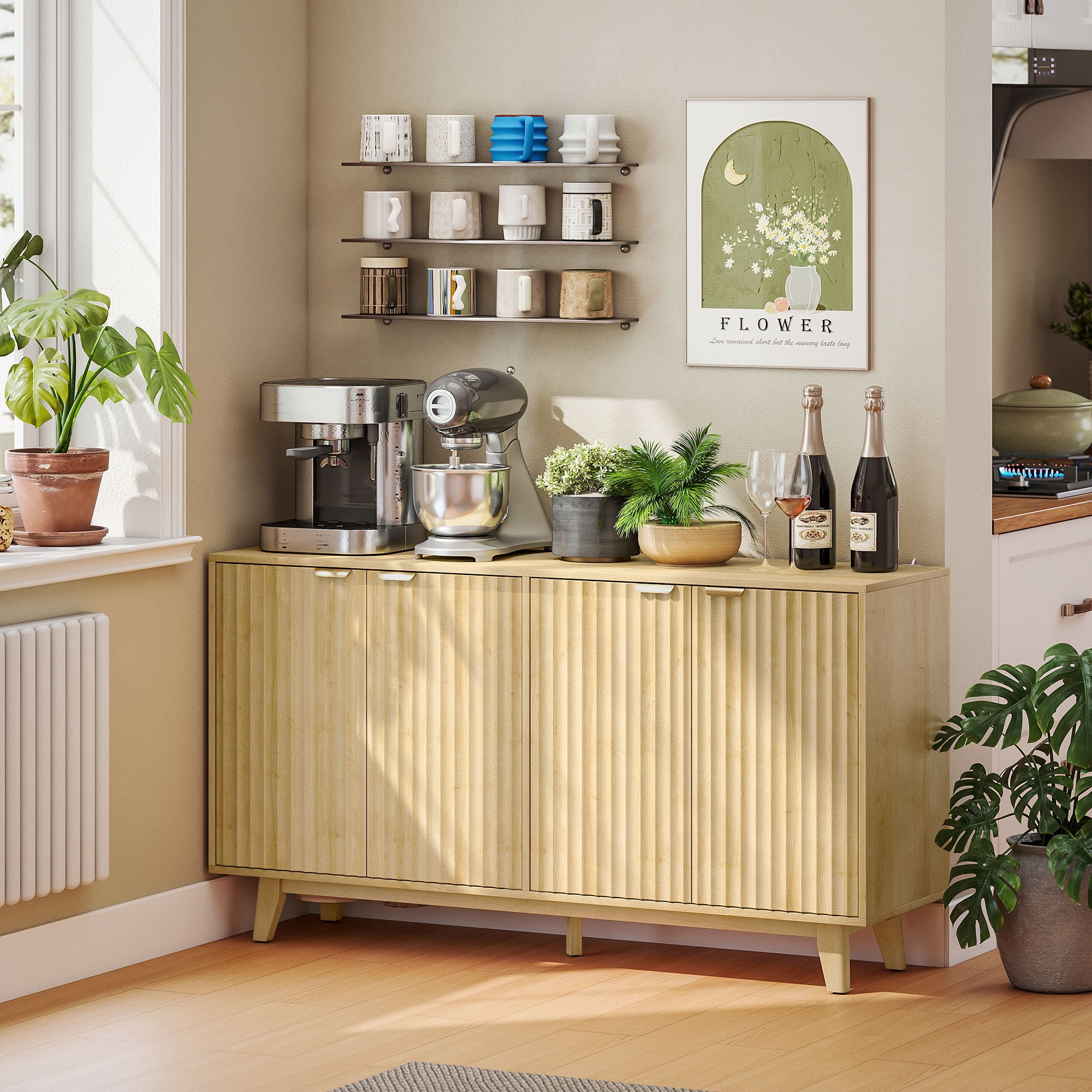 Fluted Sideboard Buffet Cabinet, 55" Nature Wood with 4 Doors, Shelves-DECOROLALA