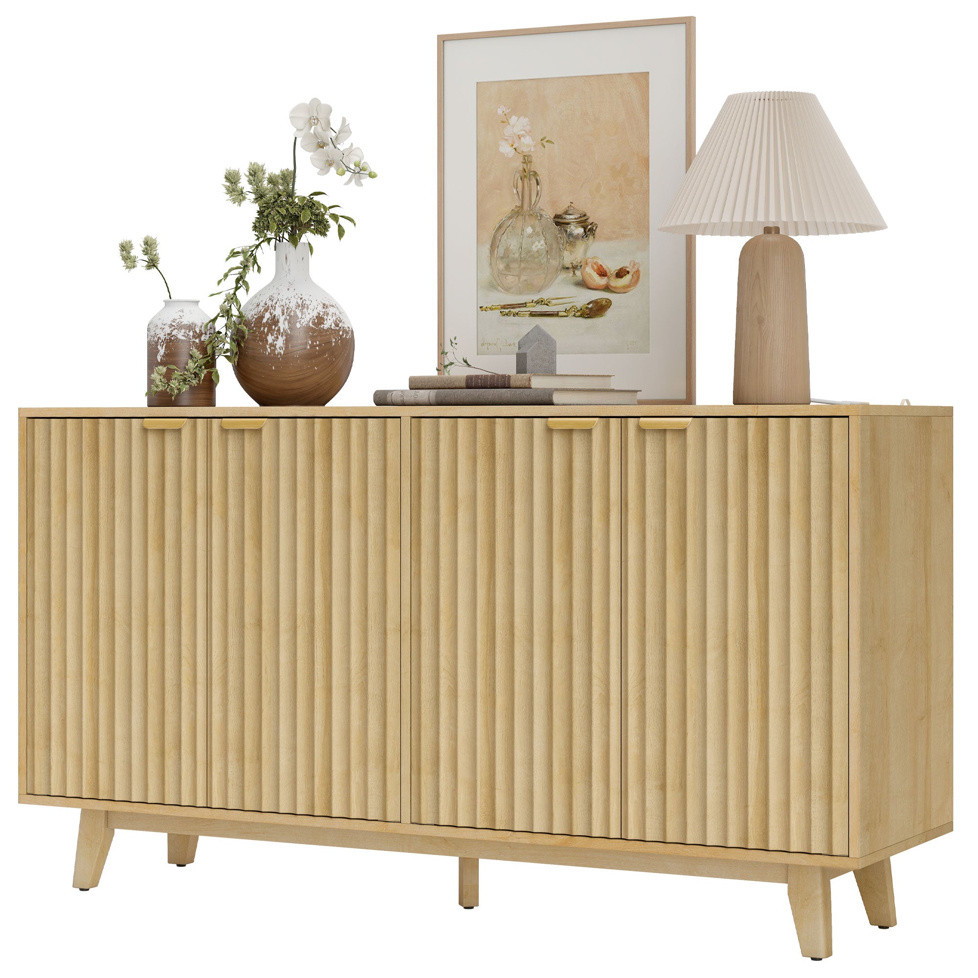 Fluted Sideboard Buffet Cabinet, 55" Nature Wood with 4 Doors, Shelves-DECOROLALA