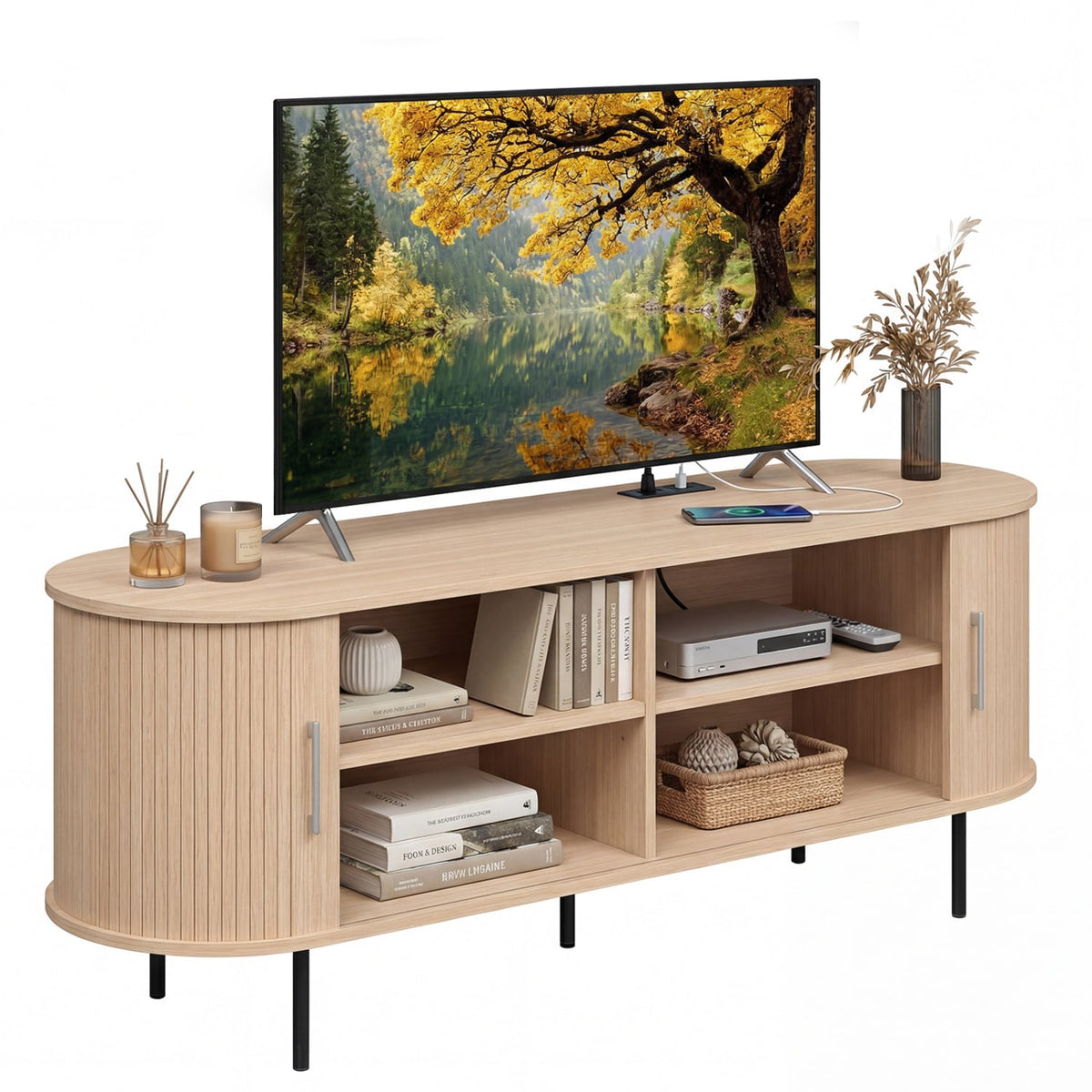 Fluted TV Stand for TVs up to 60" Mid Century Curved Entertainment Center-Natural-Entertainment Centers & TV Stands-DECOROLALA