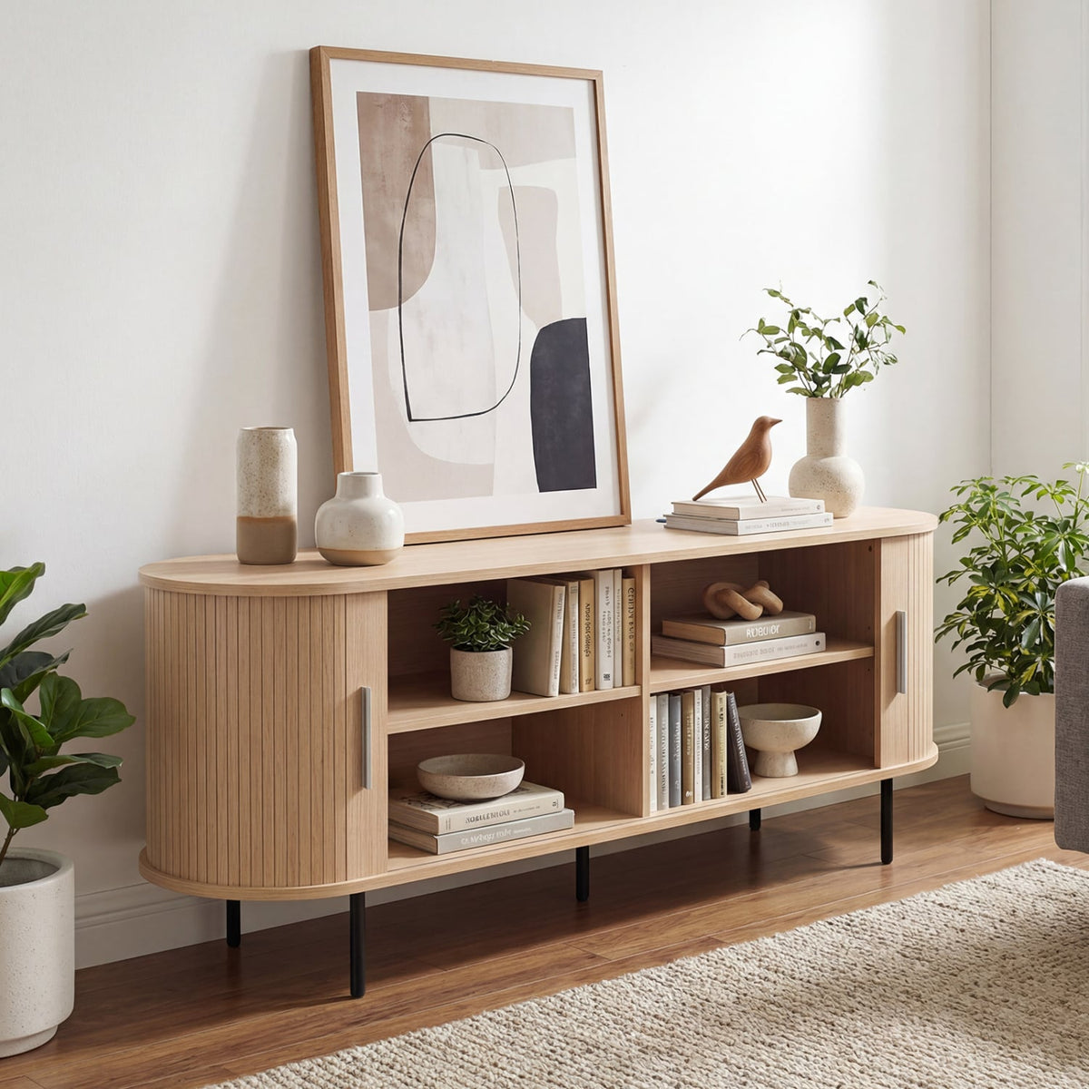 Fluted TV Stand for TVs up to 60" Mid Century Curved Entertainment Center-Natural-Entertainment Centers & TV Stands-DECOROLALA