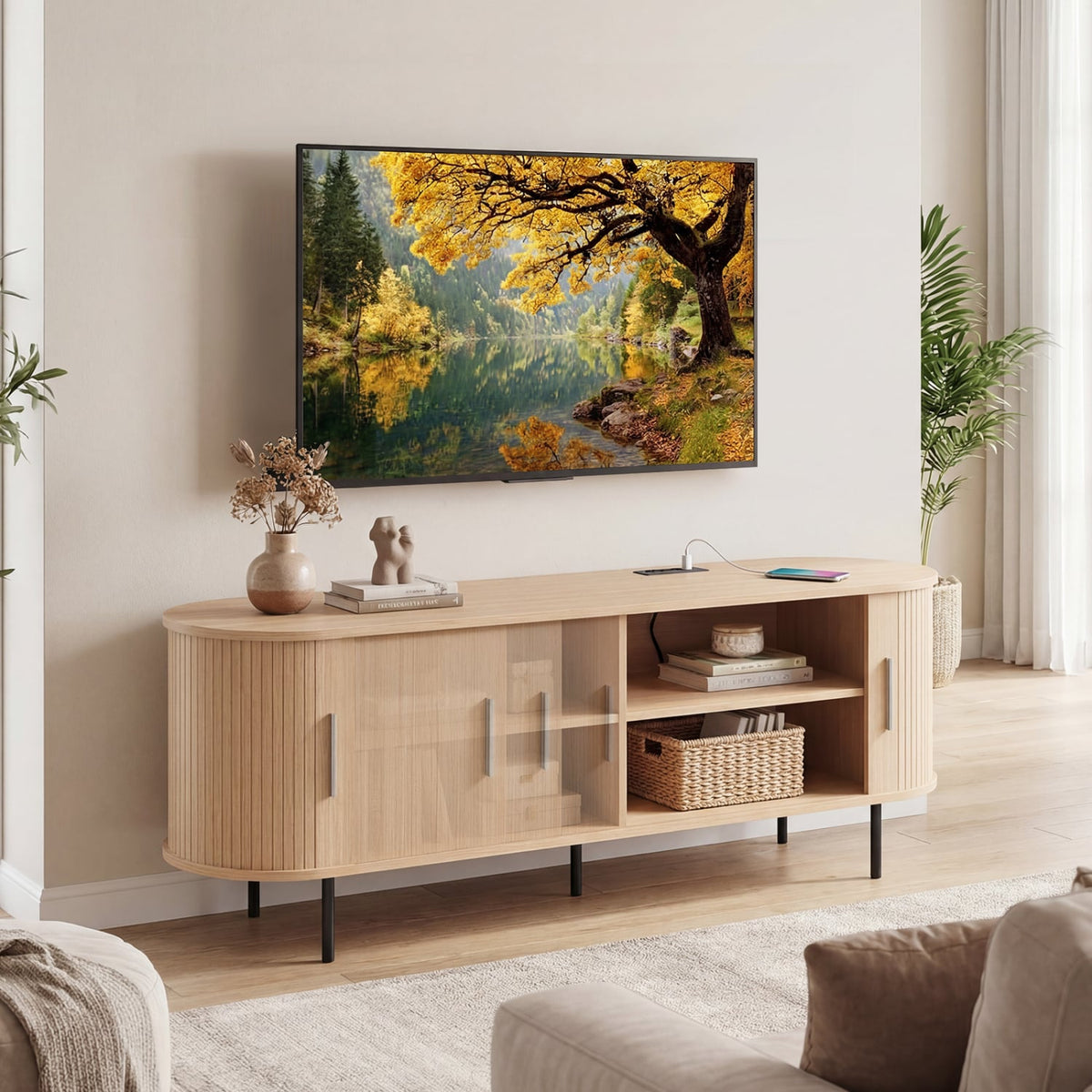 Fluted TV Stand for TVs up to 60" Mid Century Curved Entertainment Center-Natural-Entertainment Centers & TV Stands-DECOROLALA