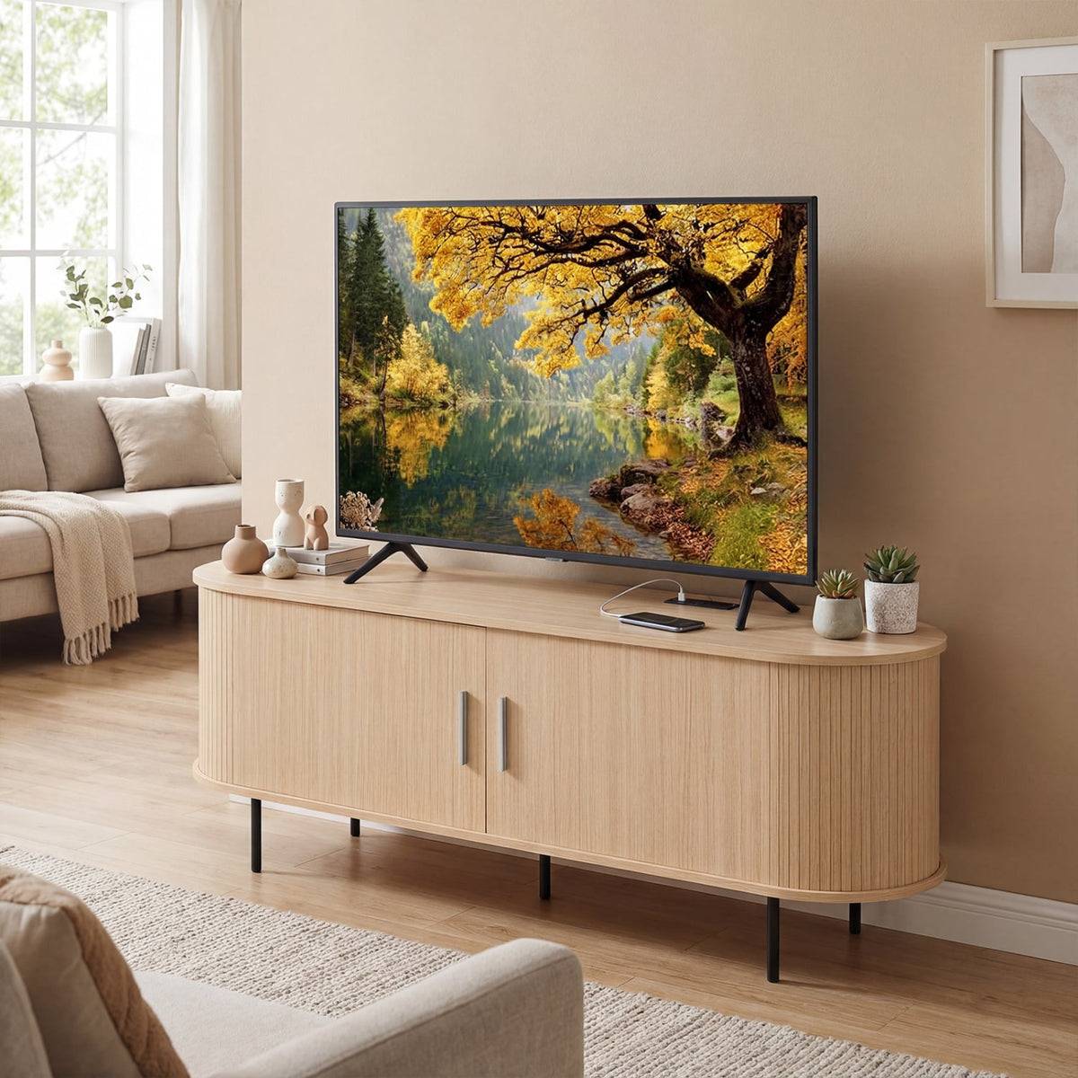 Fluted TV Stand for TVs up to 60" Mid Century Curved Entertainment Center-Natural-Entertainment Centers & TV Stands-DECOROLALA