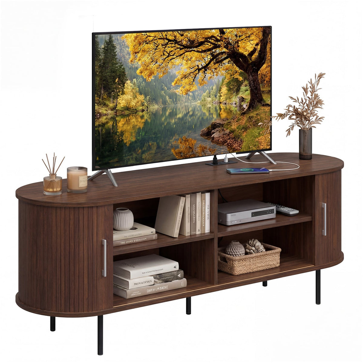 Fluted TV Stand for TVs up to 60" Mid Century Curved Entertainment Center-Walnut-Entertainment Centers & TV Stands-DECOROLALA