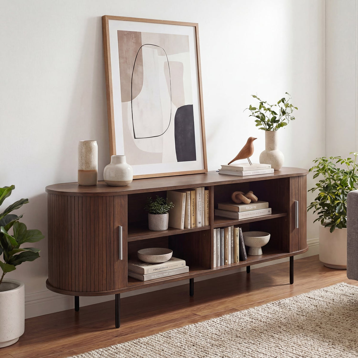 Fluted TV Stand for TVs up to 60" Mid Century Curved Entertainment Center-Walnut-Entertainment Centers & TV Stands-DECOROLALA