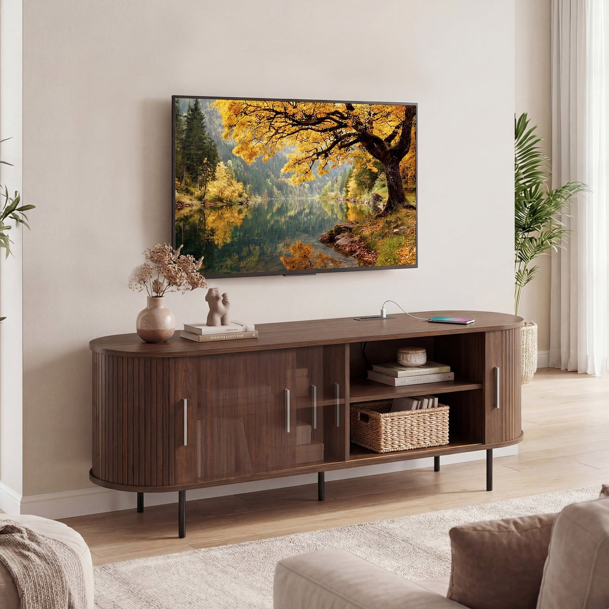 Fluted TV Stand for TVs up to 60" Mid Century Curved Entertainment Center-Walnut-Entertainment Centers & TV Stands-DECOROLALA