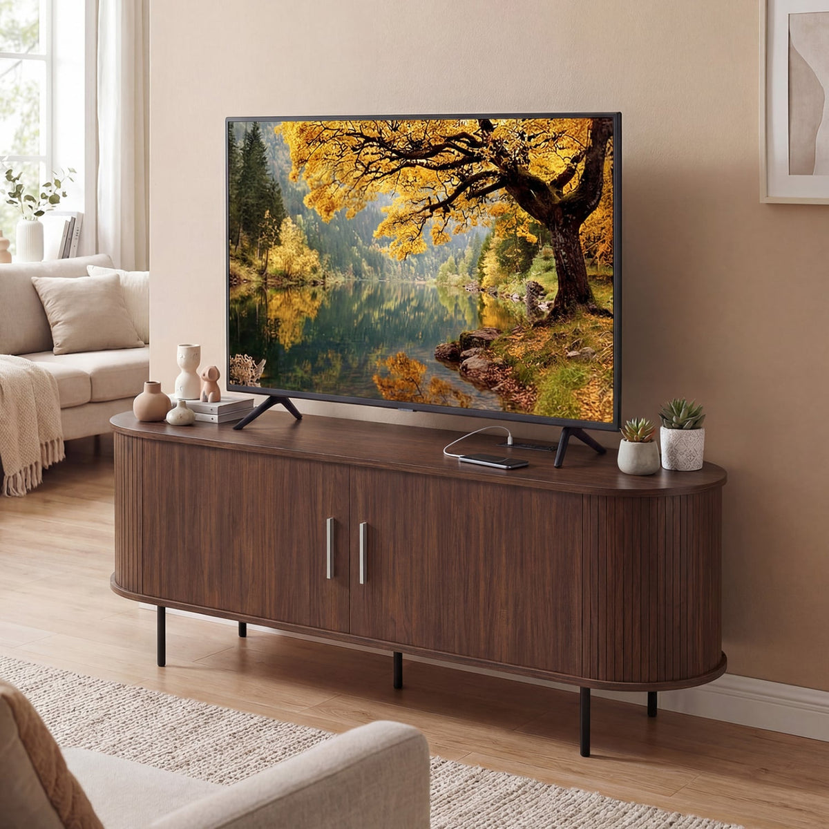 Fluted TV Stand for TVs up to 60" Mid Century Curved Entertainment Center-Walnut-Entertainment Centers & TV Stands-DECOROLALA