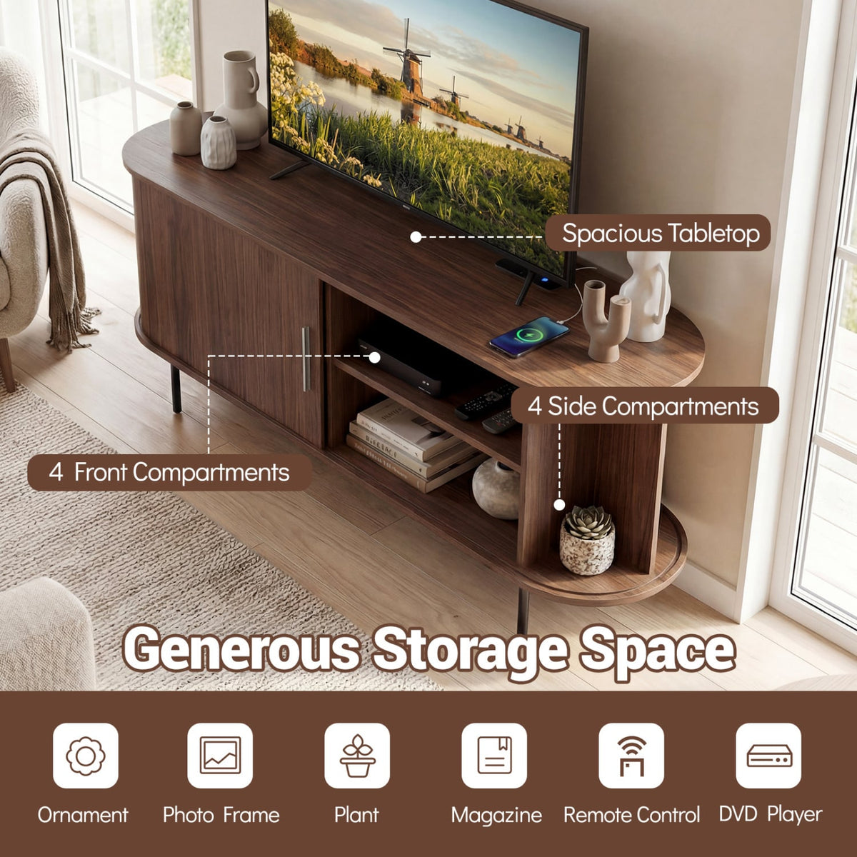 Fluted TV Stand for TVs up to 60" Mid Century Curved Entertainment Center-Walnut-Entertainment Centers & TV Stands-DECOROLALA