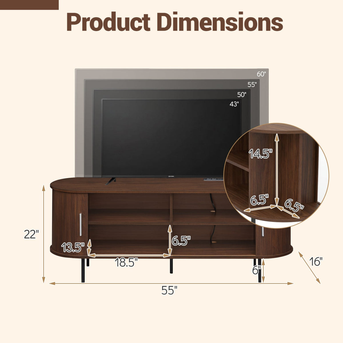 Fluted TV Stand for TVs up to 60" Mid Century Curved Entertainment Center-Walnut-Entertainment Centers & TV Stands-DECOROLALA