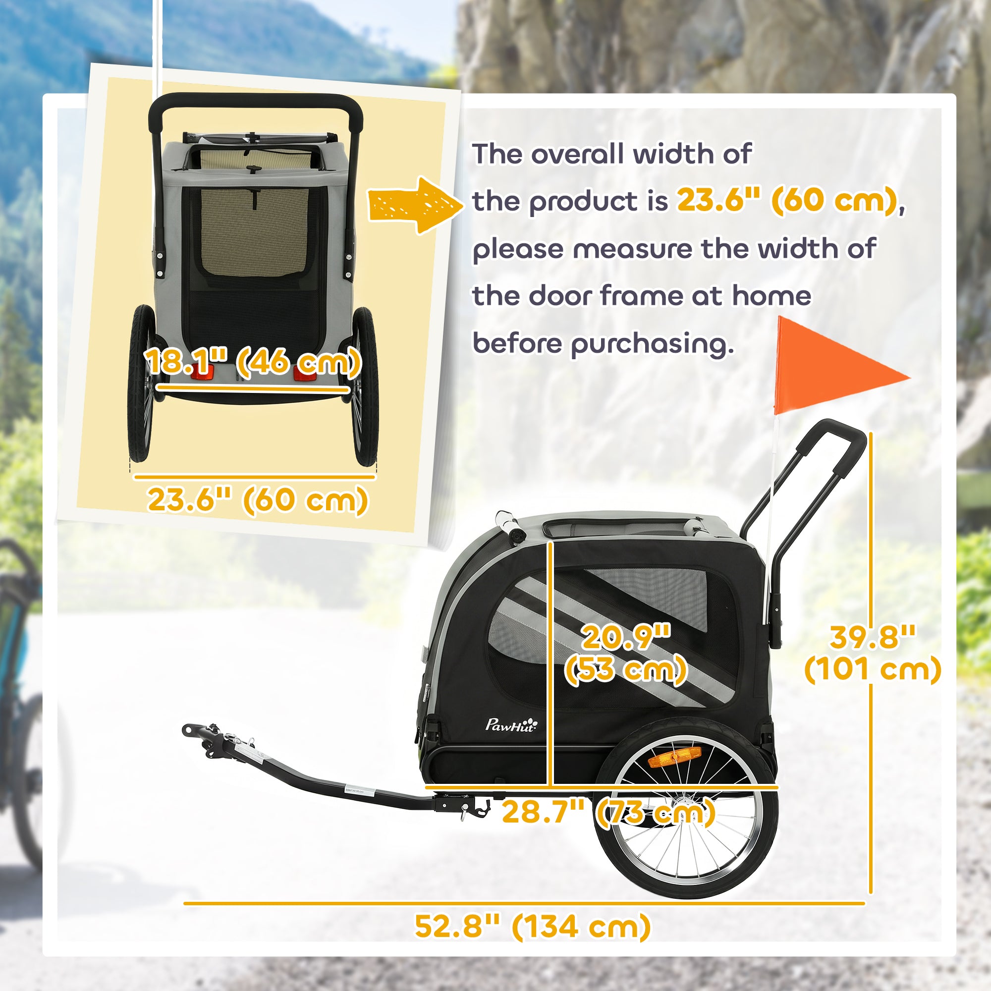 Remorque à vélo pour chien, poussette pour chien 2-en-1 avec réflecteurs de roue universels et fanion, grise