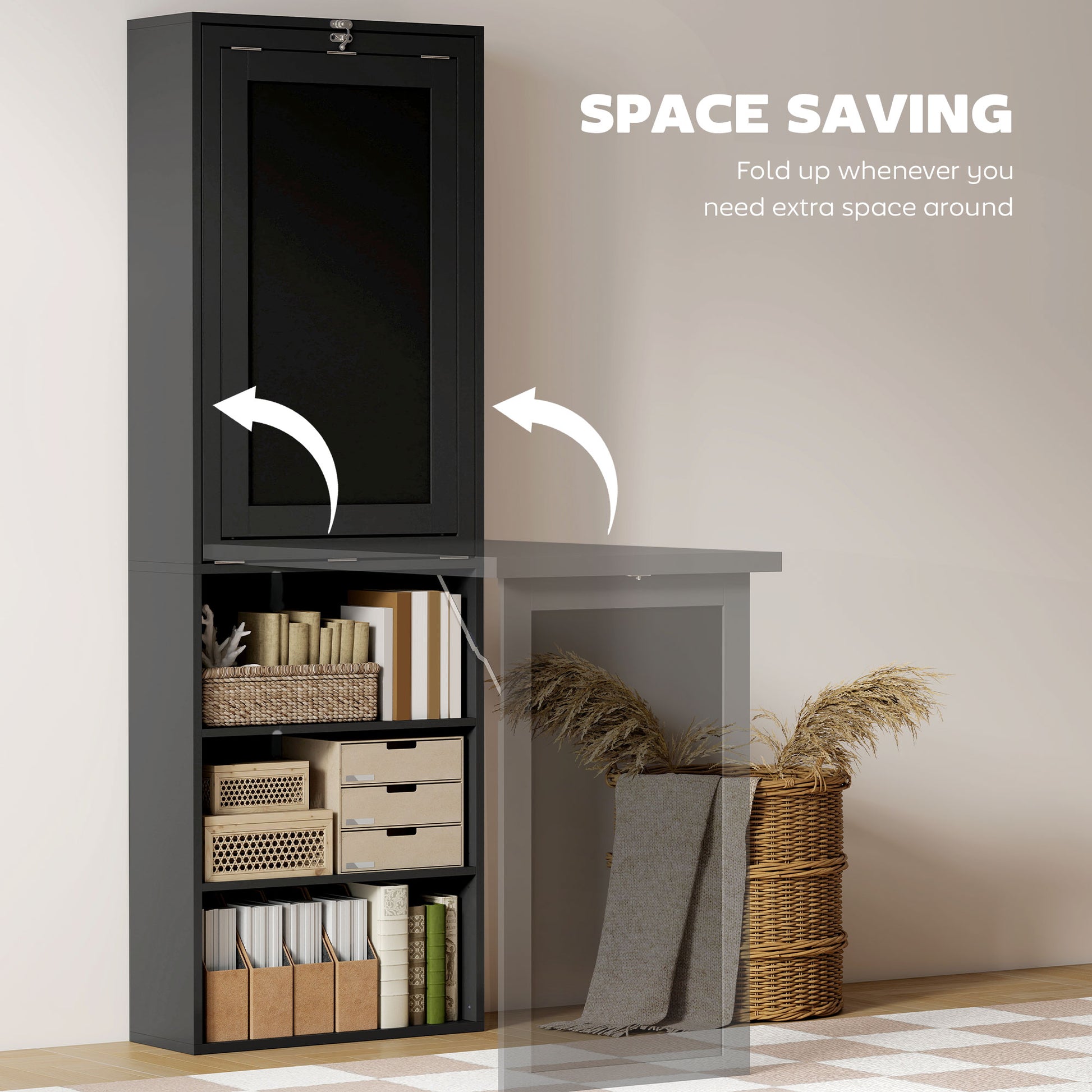 Fold-out Convertible Office Desk, Wall Mount Computer Desk with Blackboard and Side Shelf, Black-Office Products > Office Furniture > Office Desks & Work Stations > Computer Desks-DECOROLALA