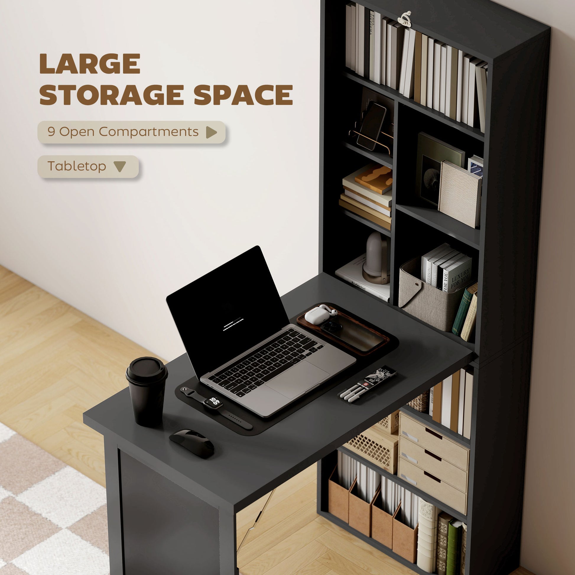 Fold-out Convertible Office Desk, Wall Mount Computer Desk with Blackboard and Side Shelf, Black-Office Products > Office Furniture > Office Desks & Work Stations > Computer Desks-DECOROLALA