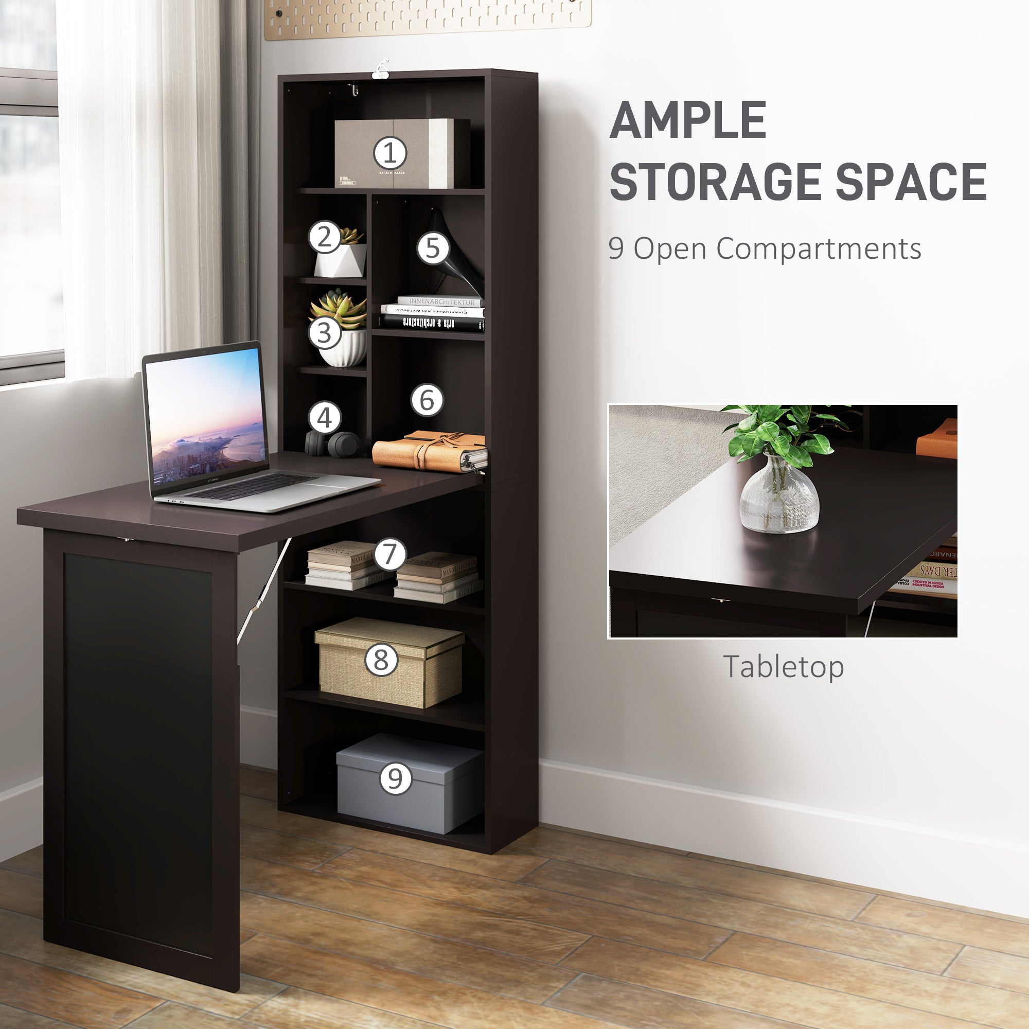 Fold-out Convertible Office Desk, Wall Mount Computer Desk with Blackboard and Side Shelf, Brown-Office Products > Office Furniture > Office Desks & Work Stations > Writing Desks-DECOROLALA
