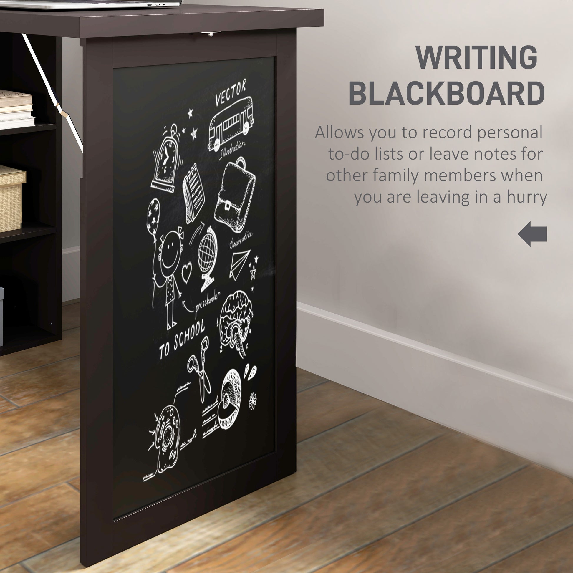 Fold-out Convertible Office Desk, Wall Mount Computer Desk with Blackboard and Side Shelf, Brown-Office Products > Office Furniture > Office Desks & Work Stations > Writing Desks-DECOROLALA