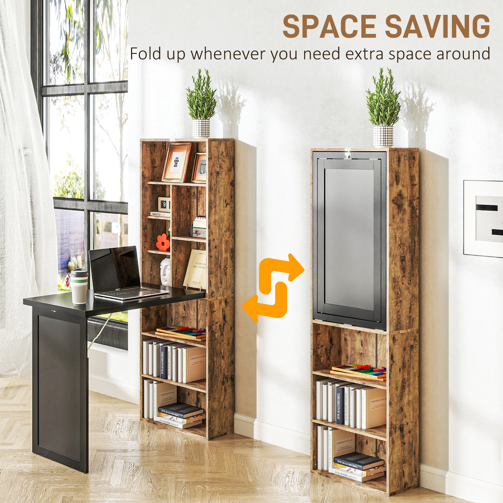 Fold-out Convertible Office Desk, Wall Mount Computer Desk with Blackboard and Side Shelf, Rustic Brown-Office Products > Office Furniture > Office Desks & Work Stations > Computer Desks-DECOROLALA