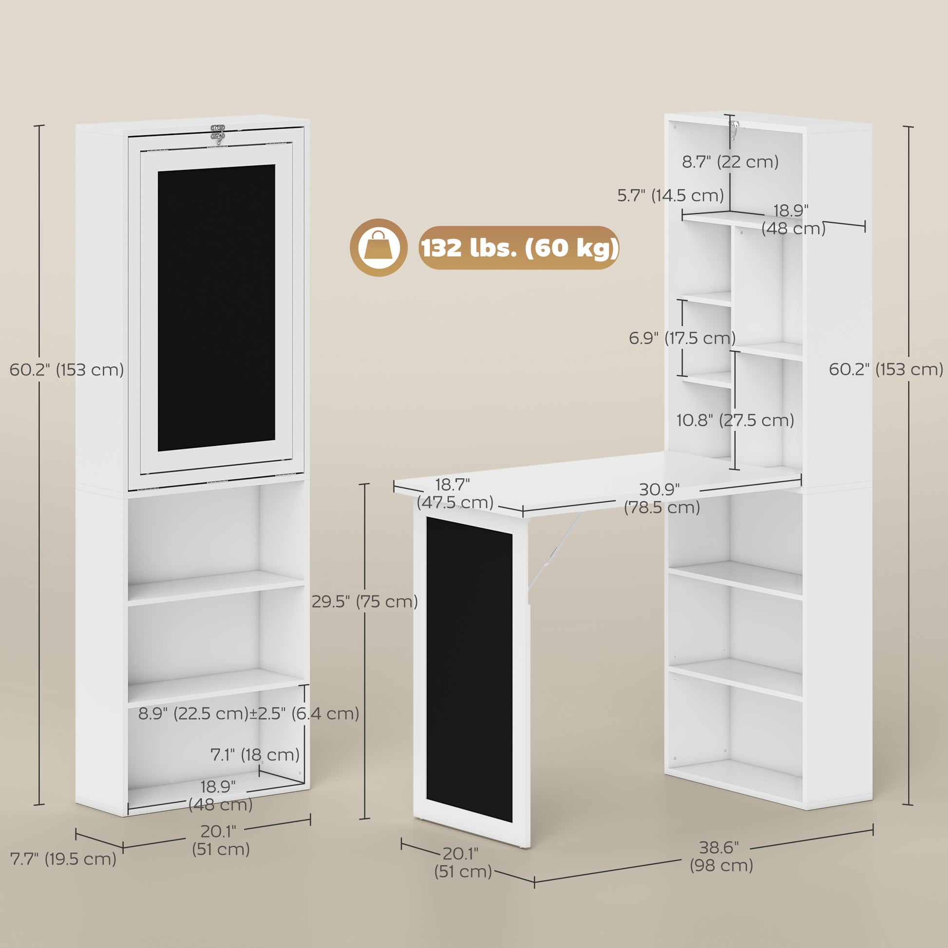 Fold-out Convertible Office Desk, Wall Mount Computer Desk with Blackboard and Side Shelf, White-Office Products > Office Furniture > Office Desks & Work Stations > Computer Desks-DECOROLALA