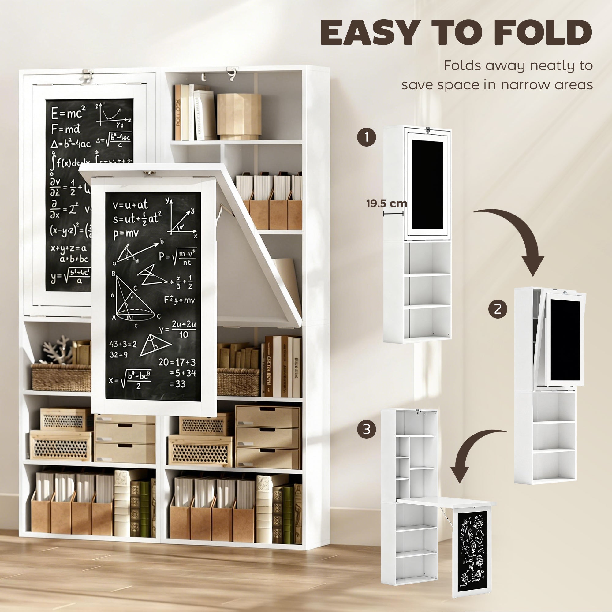 Fold-out Convertible Office Desk, Wall Mount Computer Desk with Blackboard and Side Shelf, White-Office Products > Office Furniture > Office Desks & Work Stations > Computer Desks-DECOROLALA