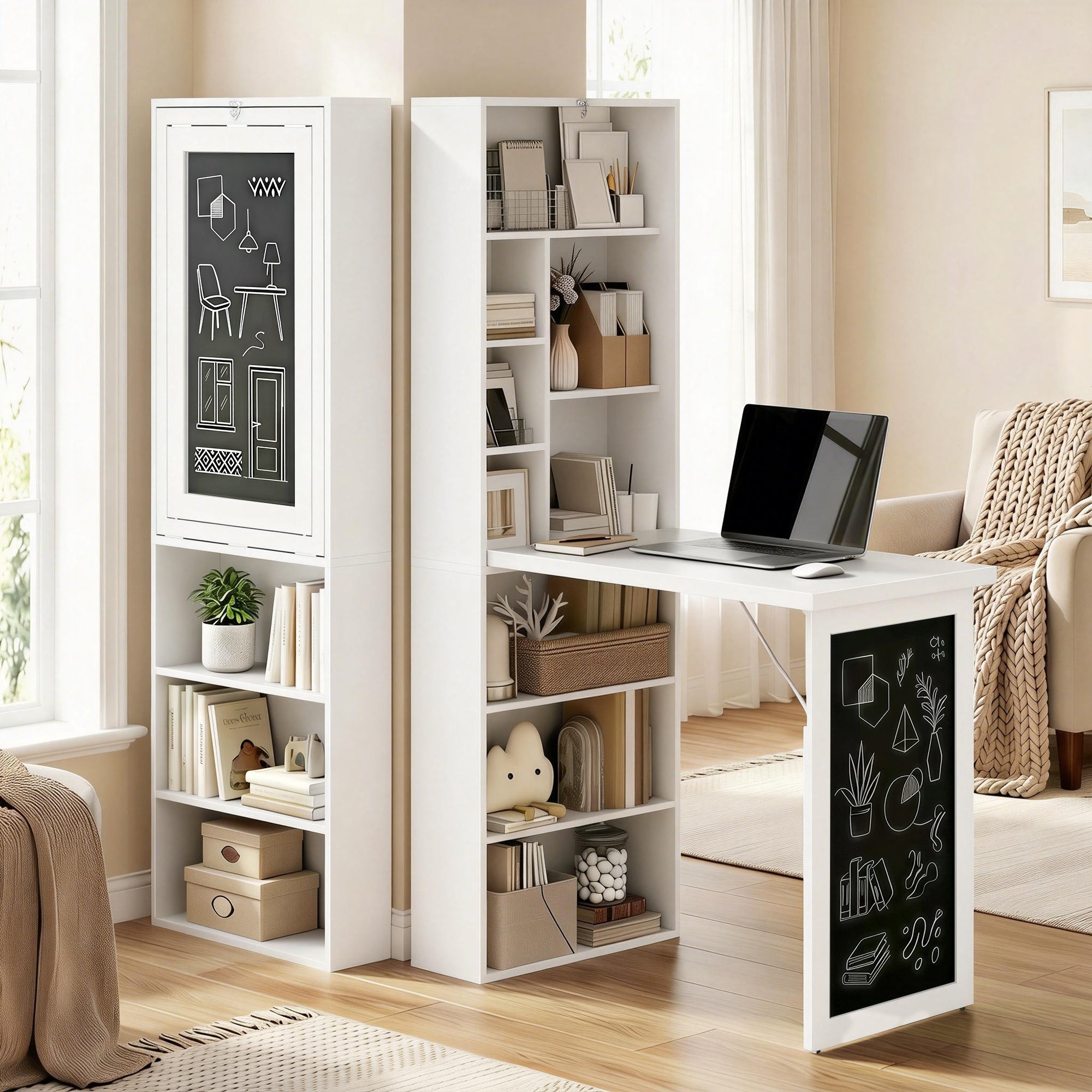 Fold-out Convertible Office Desk, Wall Mount Computer Desk with Blackboard and Side Shelf, White-Office Products > Office Furniture > Office Desks & Work Stations > Computer Desks-DECOROLALA