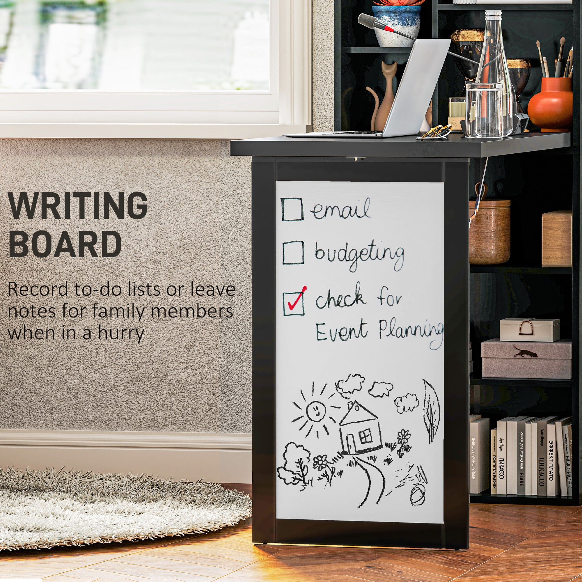Fold-out Convertible Office Desk, Wall Mount Computer Desk with Whiteboard and Side Shelf, Black-Office Products > Office Furniture > Office Desks & Work Stations > Writing Desks-DECOROLALA