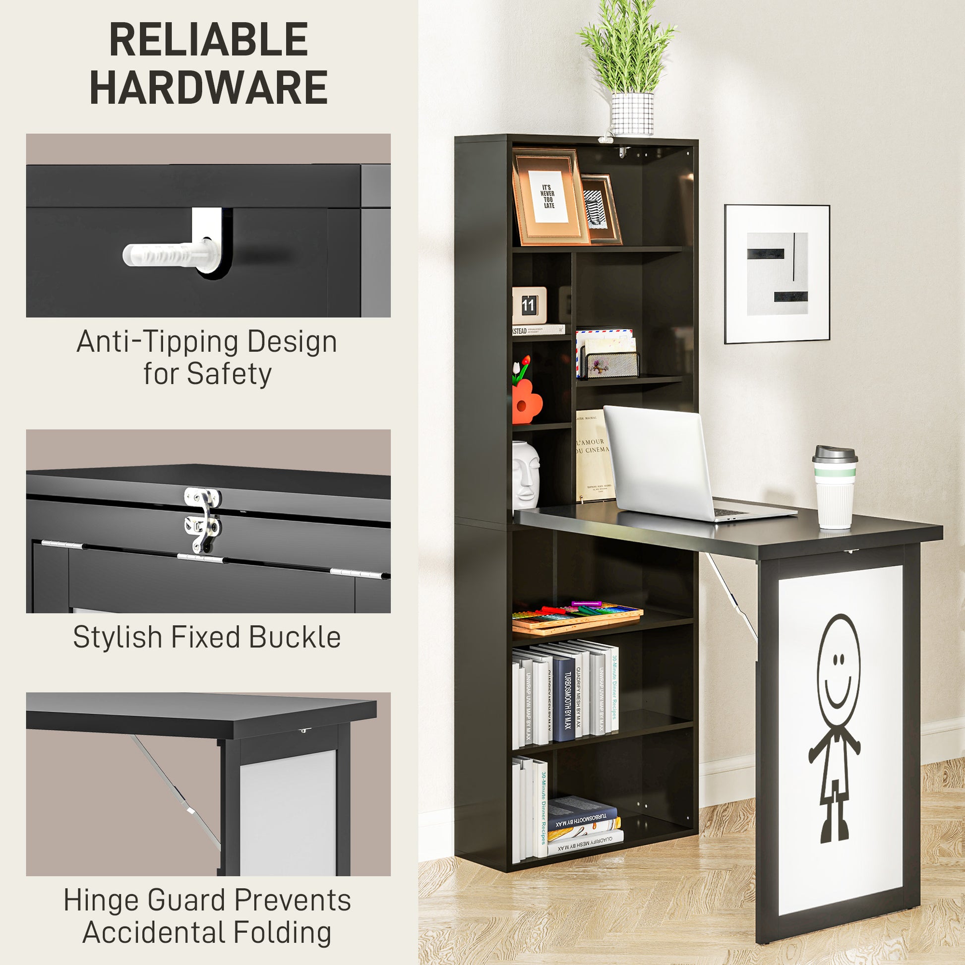 Fold-out Convertible Office Desk, Wall Mount Computer Desk with Whiteboard and Side Shelf, Black-Office Products > Office Furniture > Office Desks & Work Stations > Writing Desks-DECOROLALA