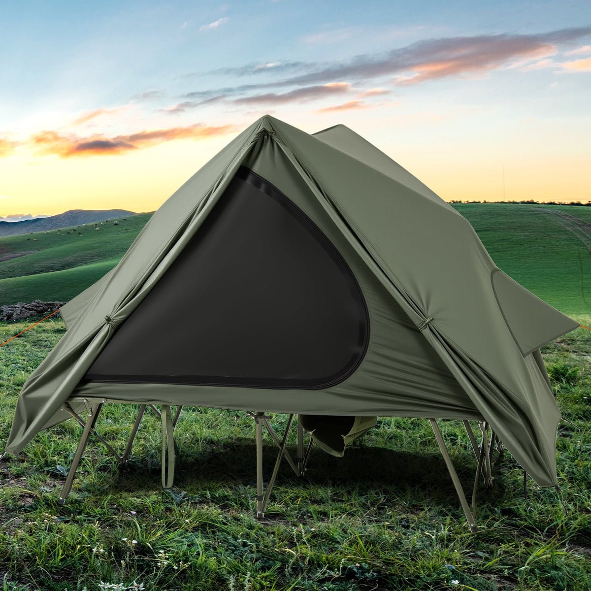 Foldable 2-Person Camping Cot Tent with Pop-up Tent Shelter and Portable Wheeled Bag-Green-Tents-DECOROLALA