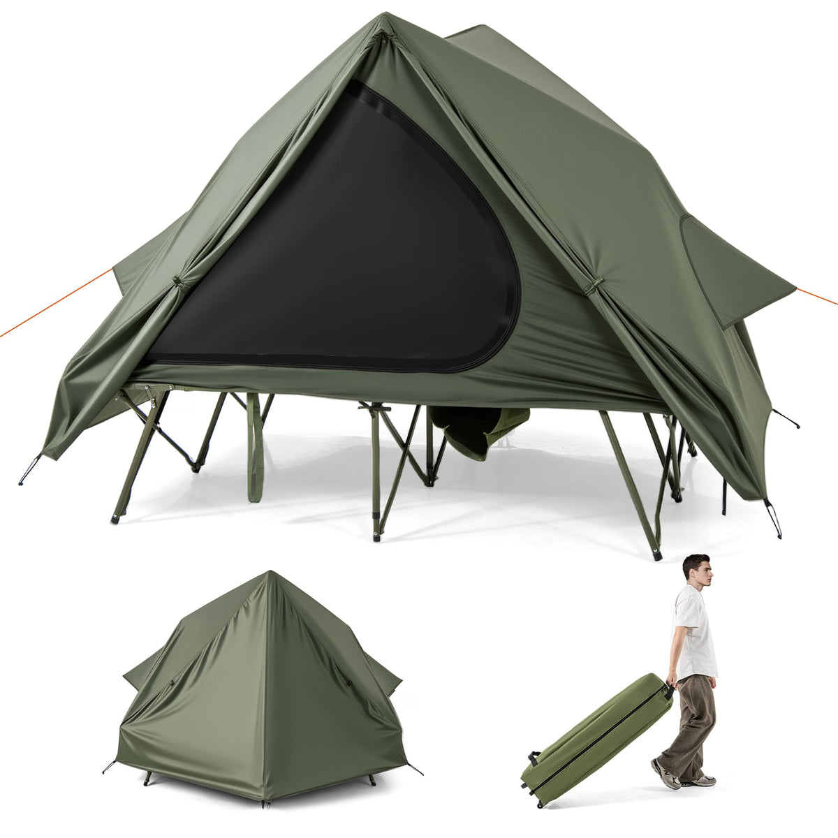 Foldable 2-Person Camping Cot Tent with Pop-up Tent Shelter and Portable Wheeled Bag-Green-Tents-DECOROLALA