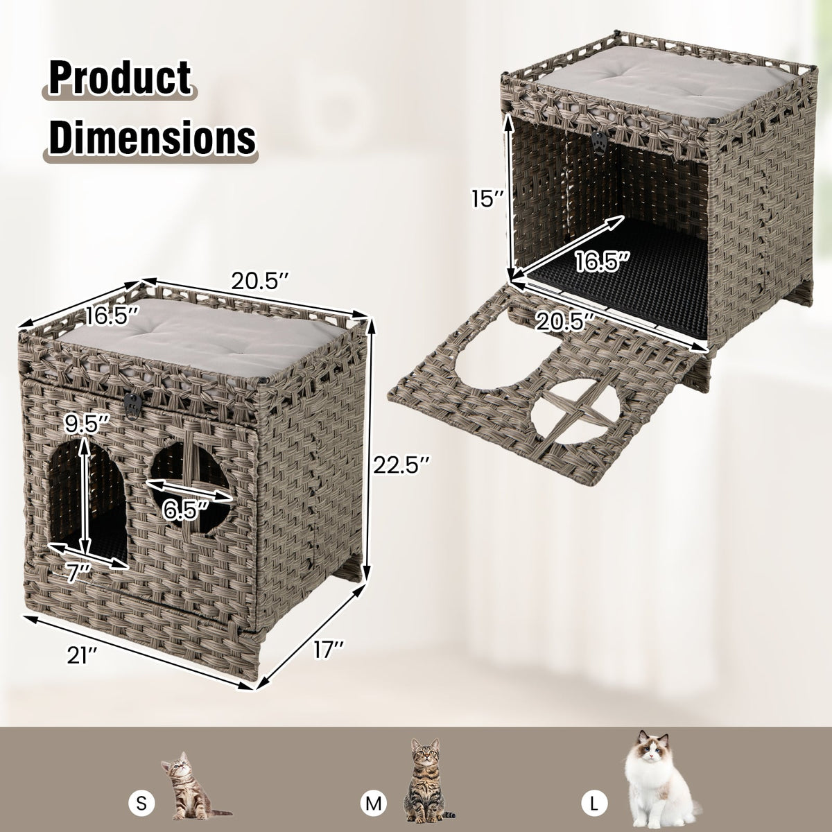 Foldable 2-tier Rattan Cat Litter Box Enclosure with Litter Mat-Grey-Cat Houses-DECOROLALA