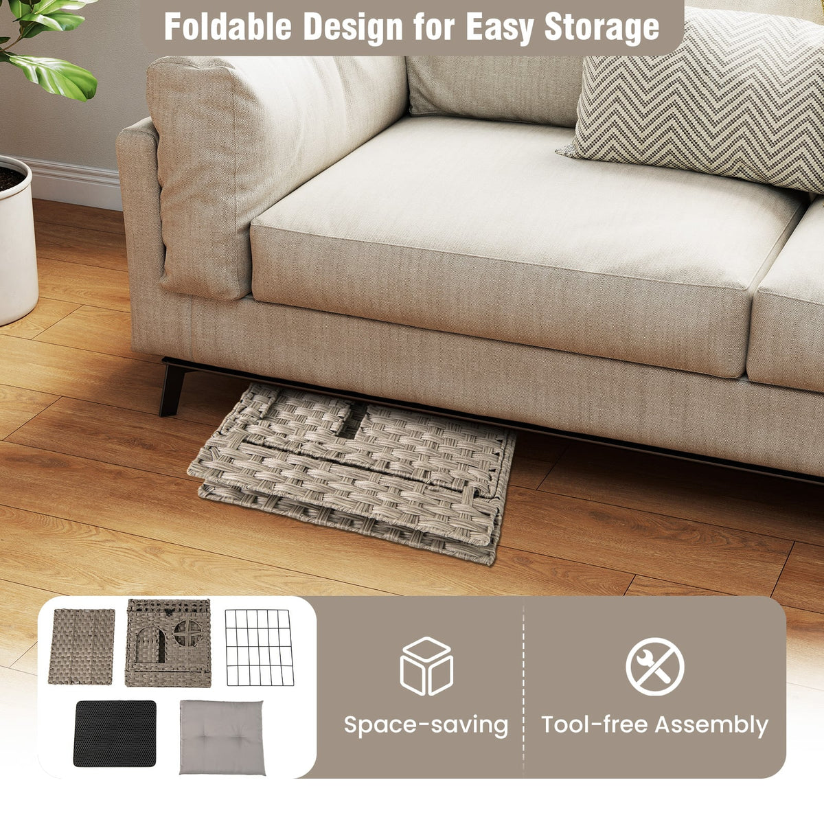 Foldable 2-tier Rattan Cat Litter Box Enclosure with Litter Mat-Grey-Cat Houses-DECOROLALA