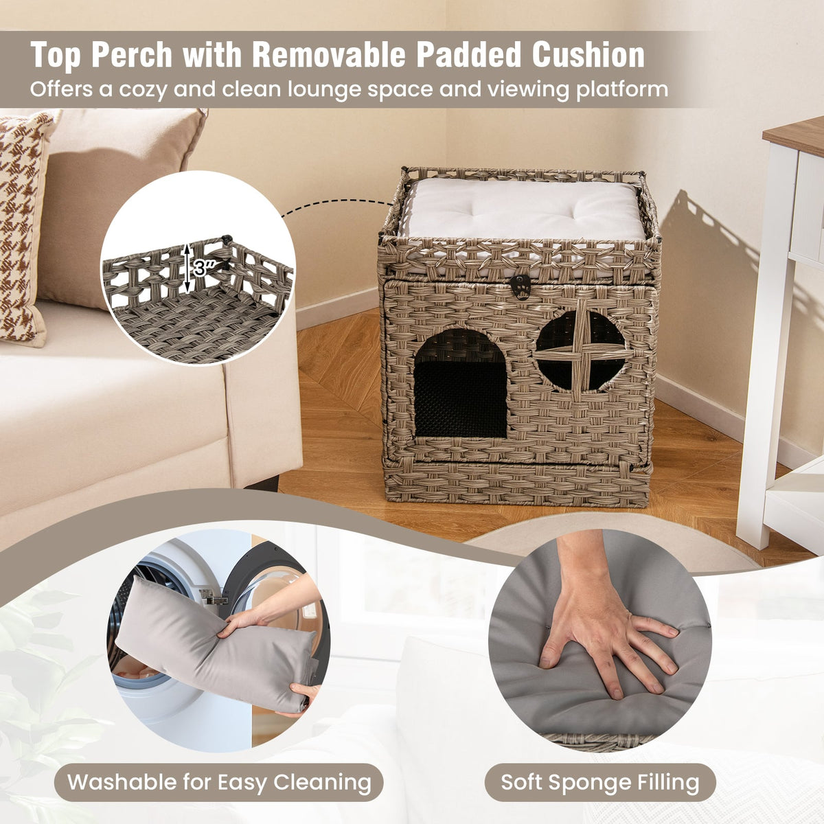 Foldable 2-tier Rattan Cat Litter Box Enclosure with Litter Mat-Grey-Cat Houses-DECOROLALA
