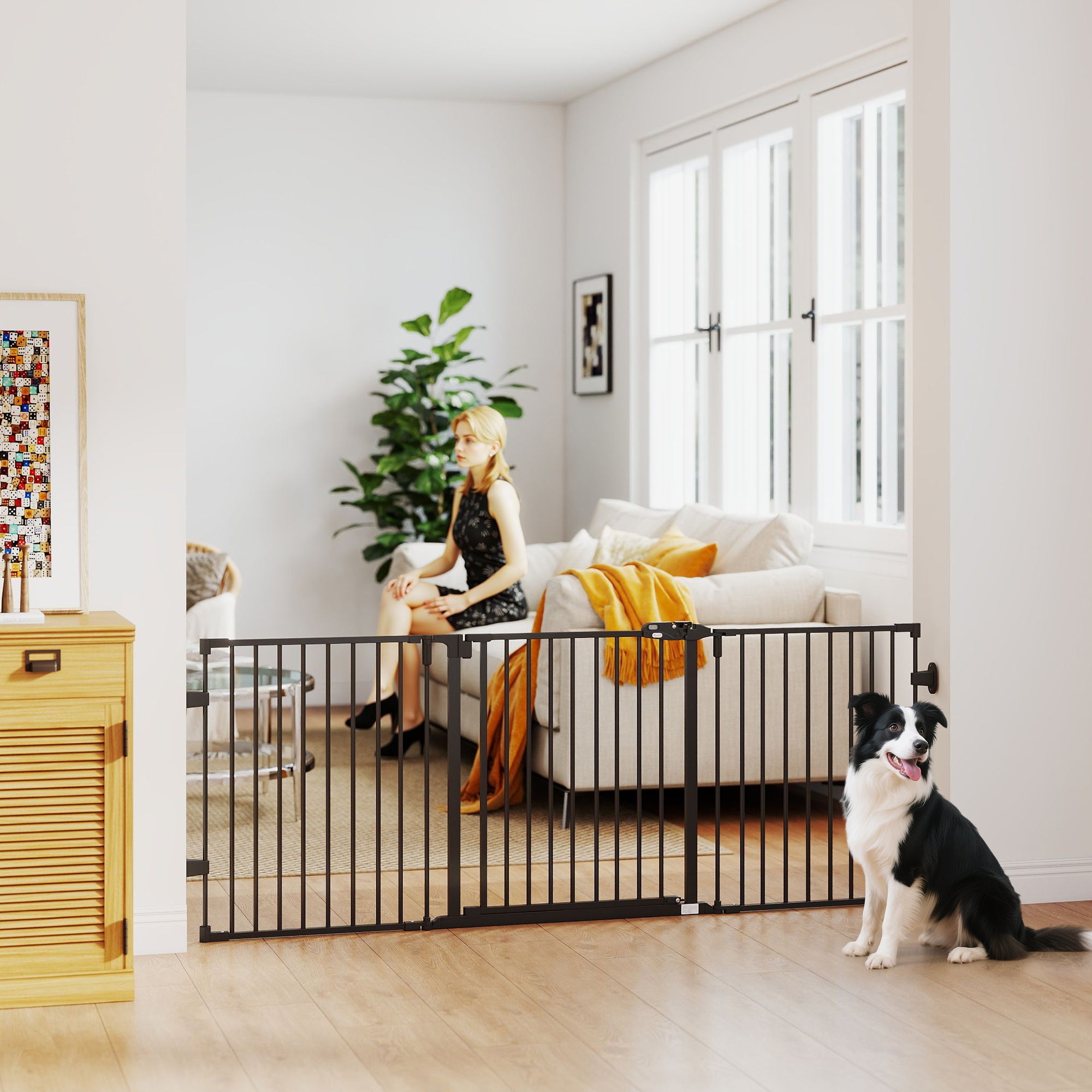 Foldable 3-Panel Metal Dog Gate with Auto-Close Door - Black-Dogs-DECOROLALA