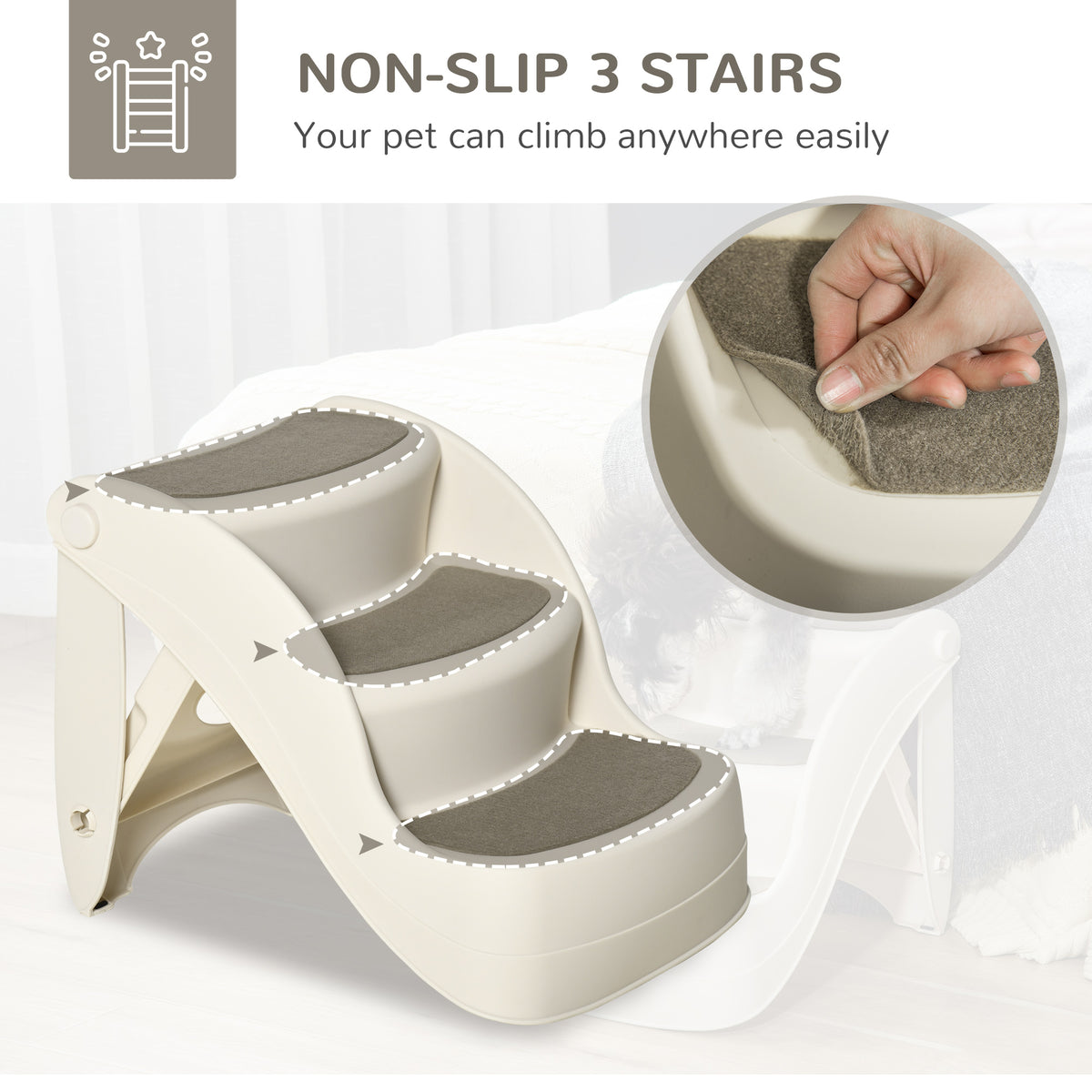 Foldable 3-Step Portable Pet Stairs - Cream White 15" H-Dogs-DECOROLALA
