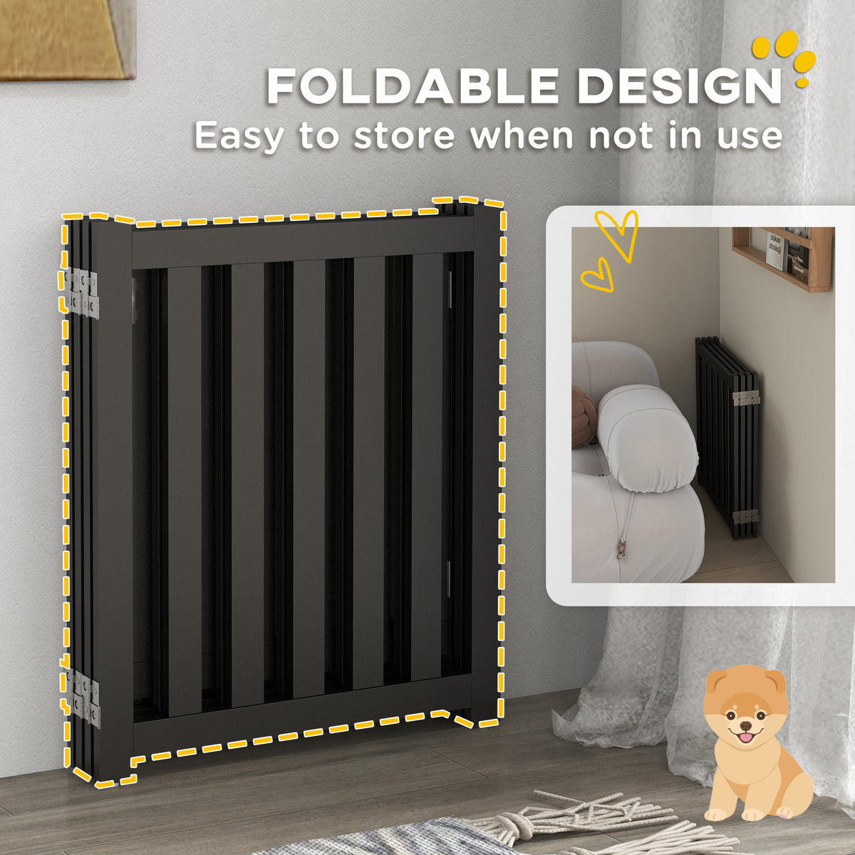 Foldable 4-Panel Freestanding Dog Gate with Door - Black MDF-Dogs-DECOROLALA