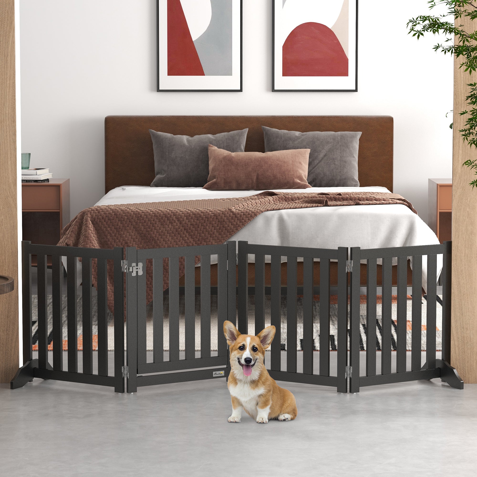 Foldable 4-Panel Freestanding Dog Gate with Door - Black MDF-Dogs-DECOROLALA