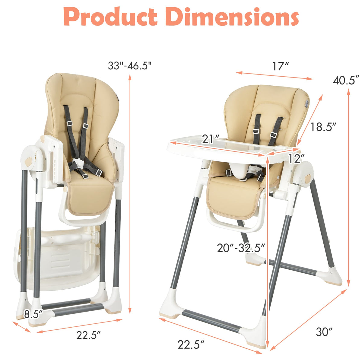 Foldable Baby High Chair with Double Removable Trays and Book Holder-Beige-High Chairs-DECOROLALA