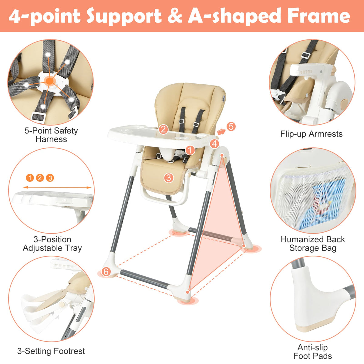 Foldable Baby High Chair with Double Removable Trays and Book Holder-Beige-High Chairs-DECOROLALA